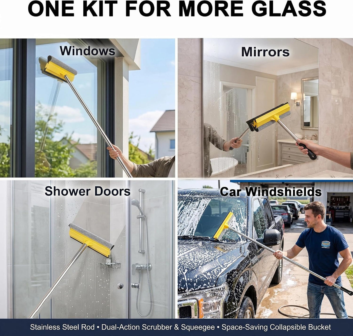 Window Cleaning Kit with 10L Collapsible Bucket