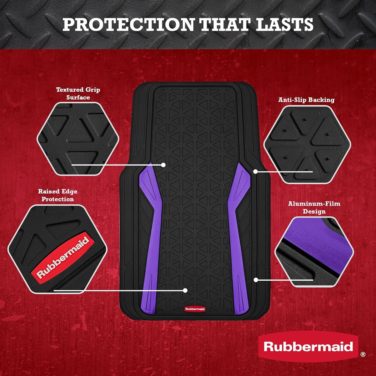 Rubbermaid Car Floor Mats Full Set,Premium Heavy Duty All-Weather Car Mats– Rugged Rubber with Brushed Aluminum Inserts, Universal Trim-to-Fit, Anti-Slip Backing for Cars, SUVs, Trucks & Vans - Purple