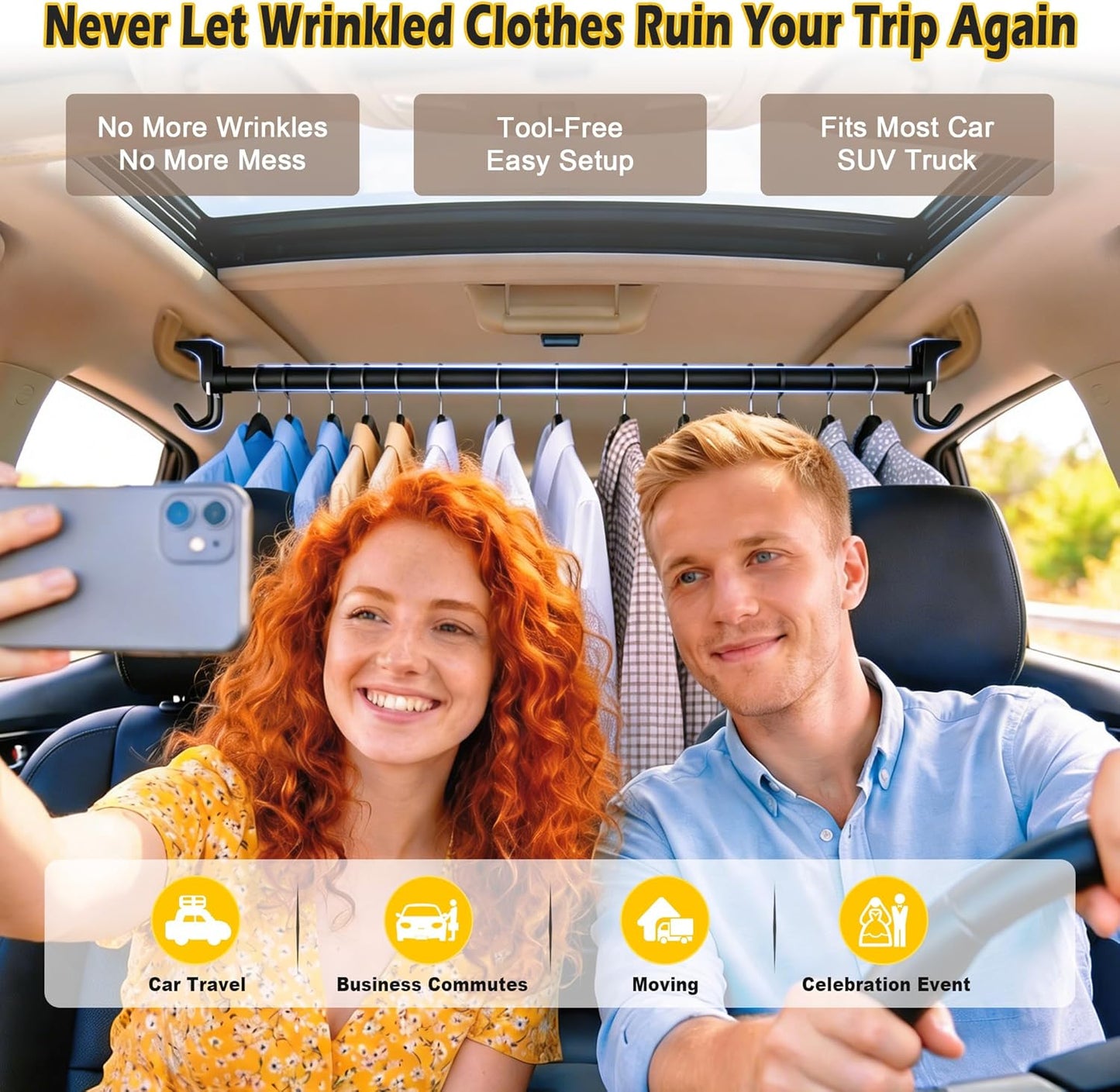 Car Clothes Hanger Bar 30-64 inches, Hold Up to 80lbs, 4Pcs Accessories | Adjustable; Strengthened Hooks, Silent, Non-Slip; Fit Most Vehicles; Perfect for car travel, business trips; Easy assembly