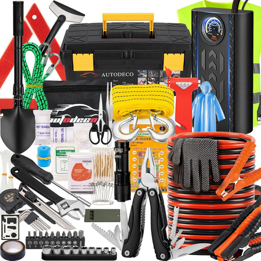 98 PCS Roadside Car Emergency Assistance Kit with Portable Air Compressor Jumper Cables Safety Hammer All in One Pliers Tool Set（Black）