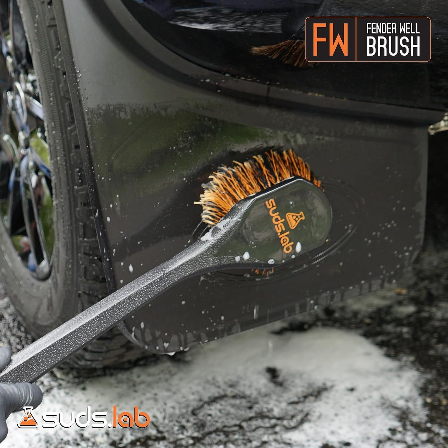Suds Lab FW Fender Well Brush, Car Wash Brush, Long Handle Tire Cleaner for Car Detailing, 18 Inch, Soft Bristles, Non-Slip Grip, Black