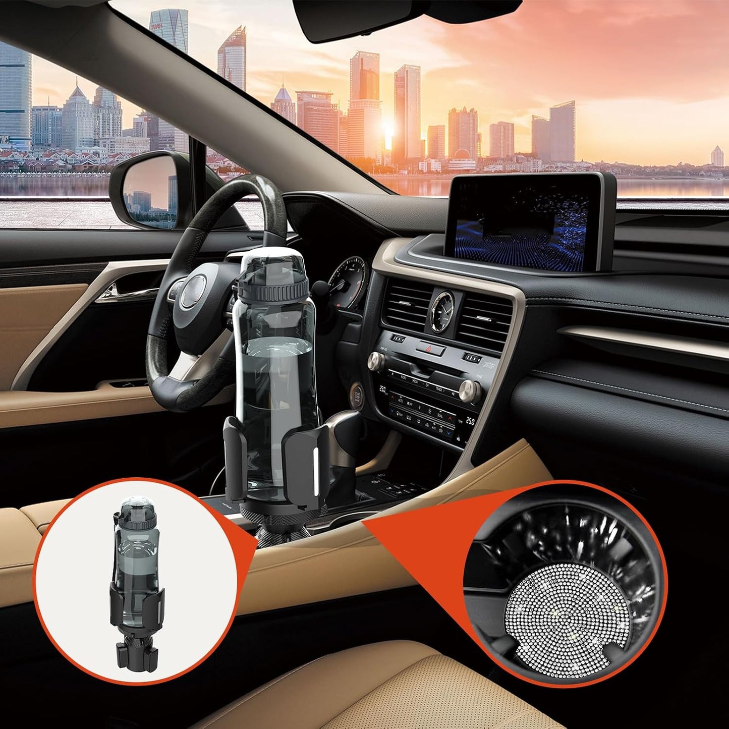 Upgraded 64oz Large Cup Holder Expander with Coaster for Car, Expandable Cup Holder Adapter with Adjustable Base, Universal Compatible with Yeti, Hydro Flasks, Owala, Other Big Bottles Mugs Drinks