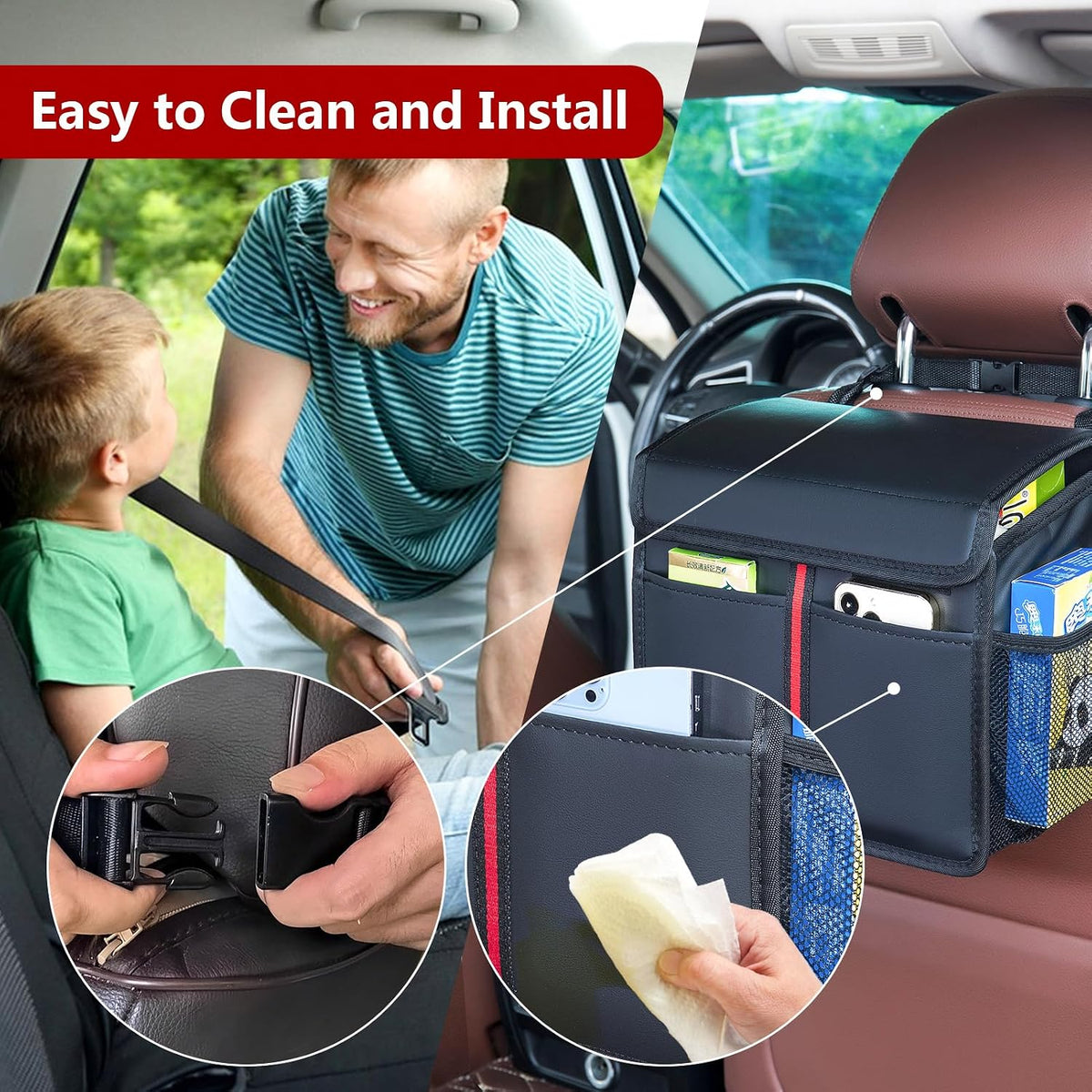 Hanging Car Seat Organizer with Lid - Premium PU Leather Backseat Organizer for Kids & Adults (Black)