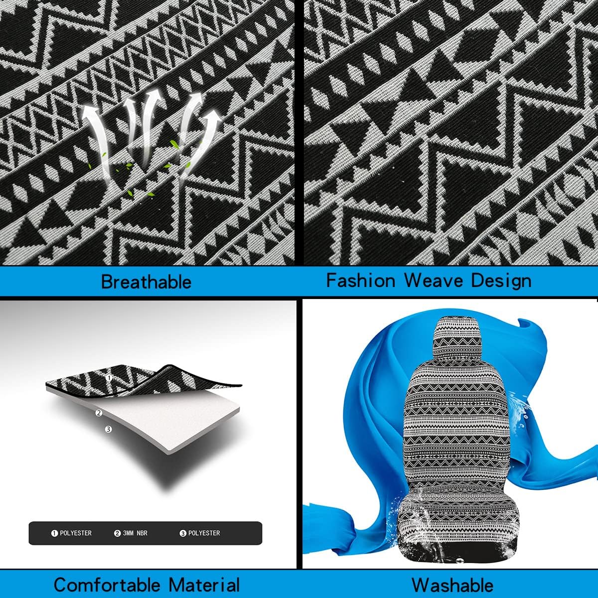 Baja Saddle Blanket Car Seat Covers 9PCS Full Set, Breathable and Washable Striped Woven Automotive Vehicle Seat Cover, Universal Boho Seat Cover for Sedan, SUV, Truck, Airbag Compatible