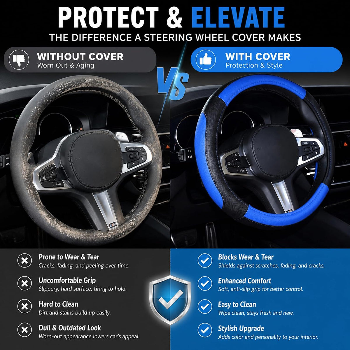 SHIAWASENA Microfiber Leather Car Steering Wheel Cover 15 Inch Black&Blue