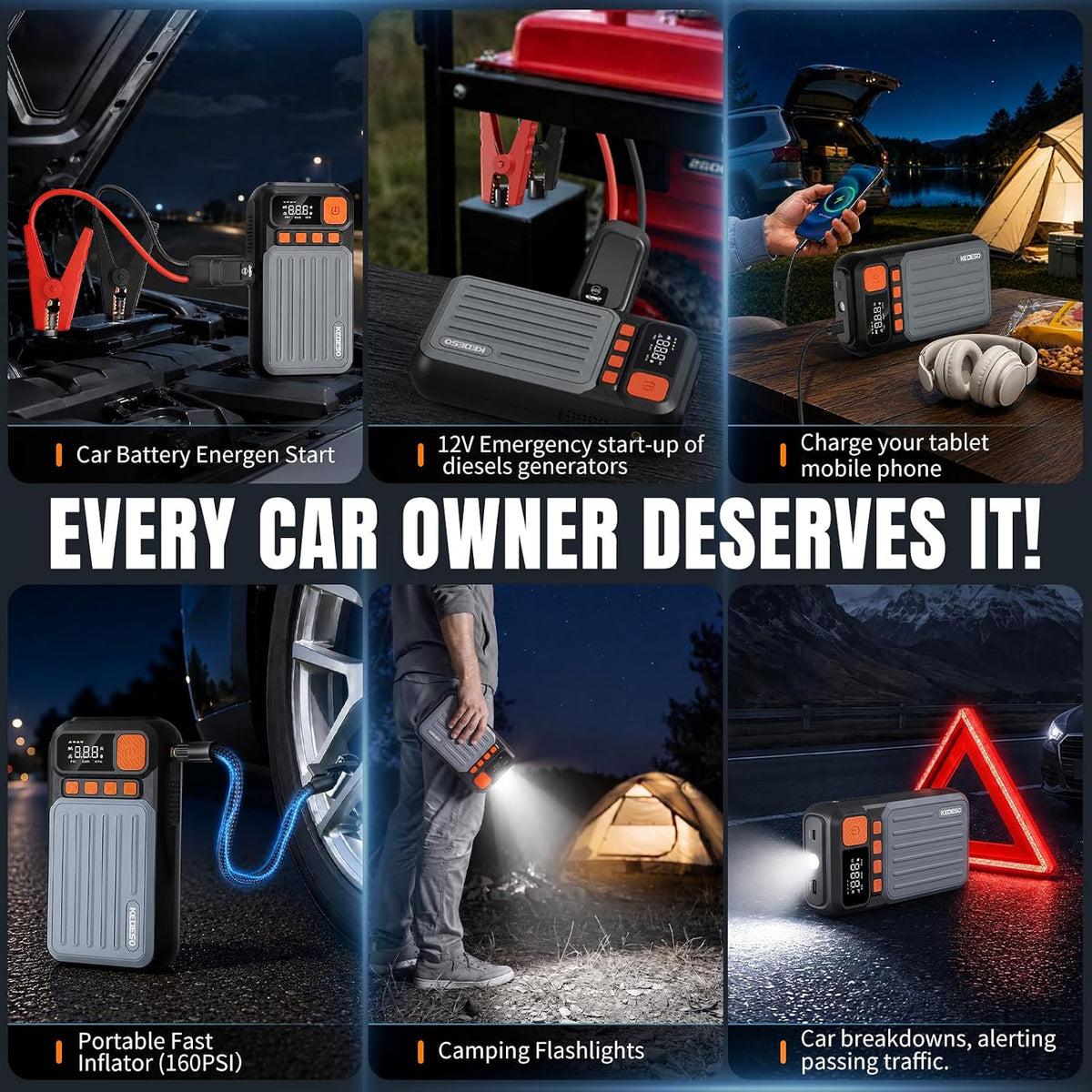 12V Car Battery Jump Starter with 160PSI Air Compressor, Jump Box