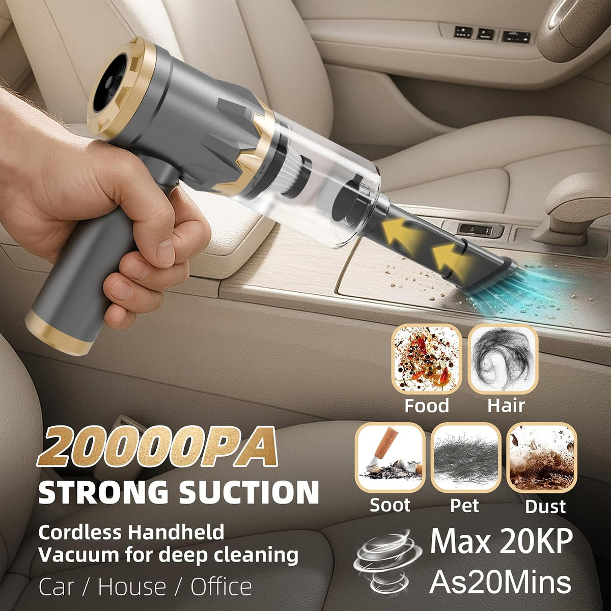 Car Portable Vacuum Cleaner, 20000PA Cordless Handheld Vacuum with Brushless Motor, 3-Speed Mode, 4-in-1 Air Duster & Air Blower for Car, Home, Office, Camping - Grey