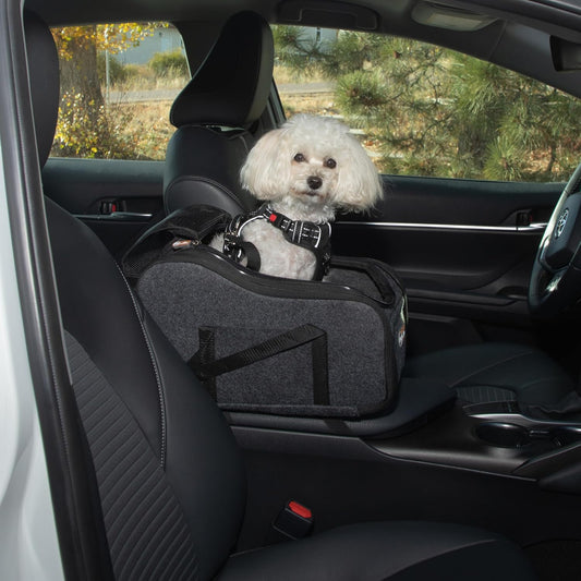 K&H Pet Products Center Console Dog Car Seat for Small Dogs & Cats, Secure Armrest Booster Pet Carrier with Safety Tether, Zippered Enclosure, 2 Pockets, Washable Plush Pad, for Pets Under 8 lbs
