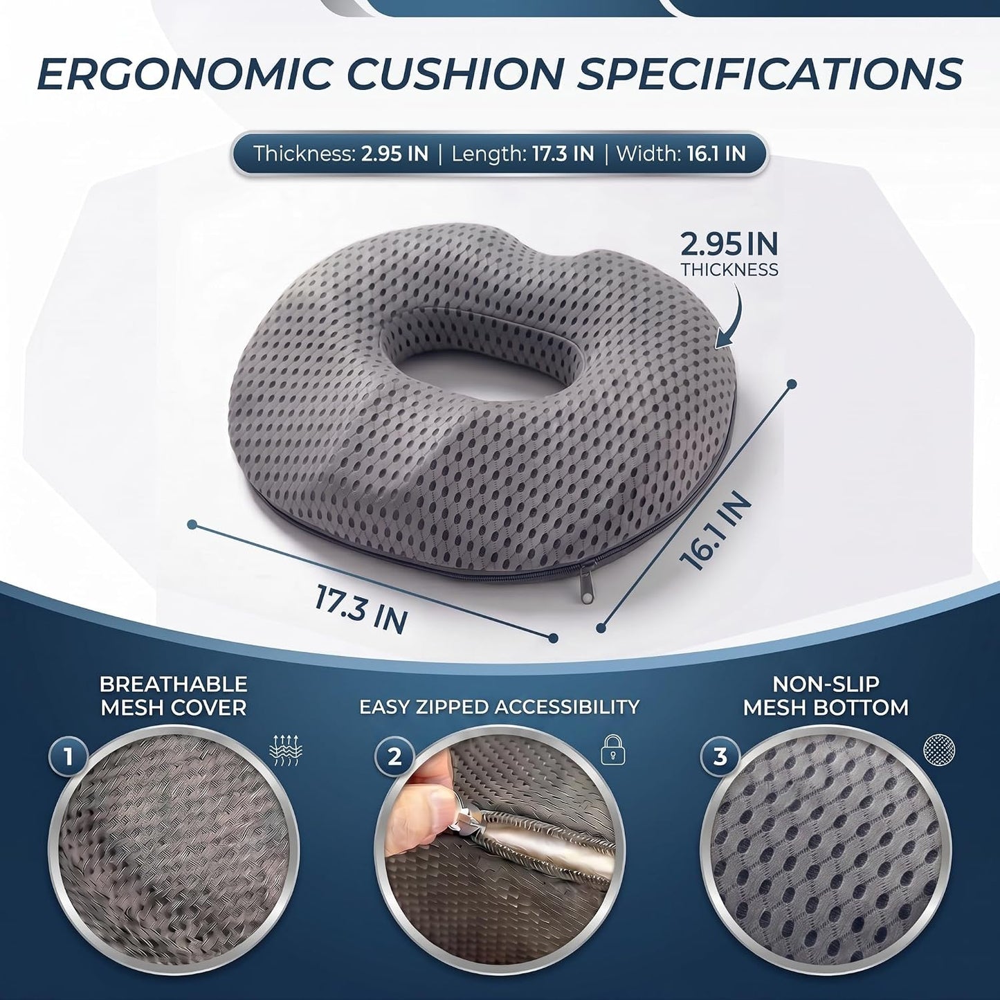 Circular Memory Foam Seat Cushion, Tailbone Pressure Relief Pillow for Office Chair Car Wheelchair, Breathable Mesh Comfort Pad for Daily Sitting Support (Grey)