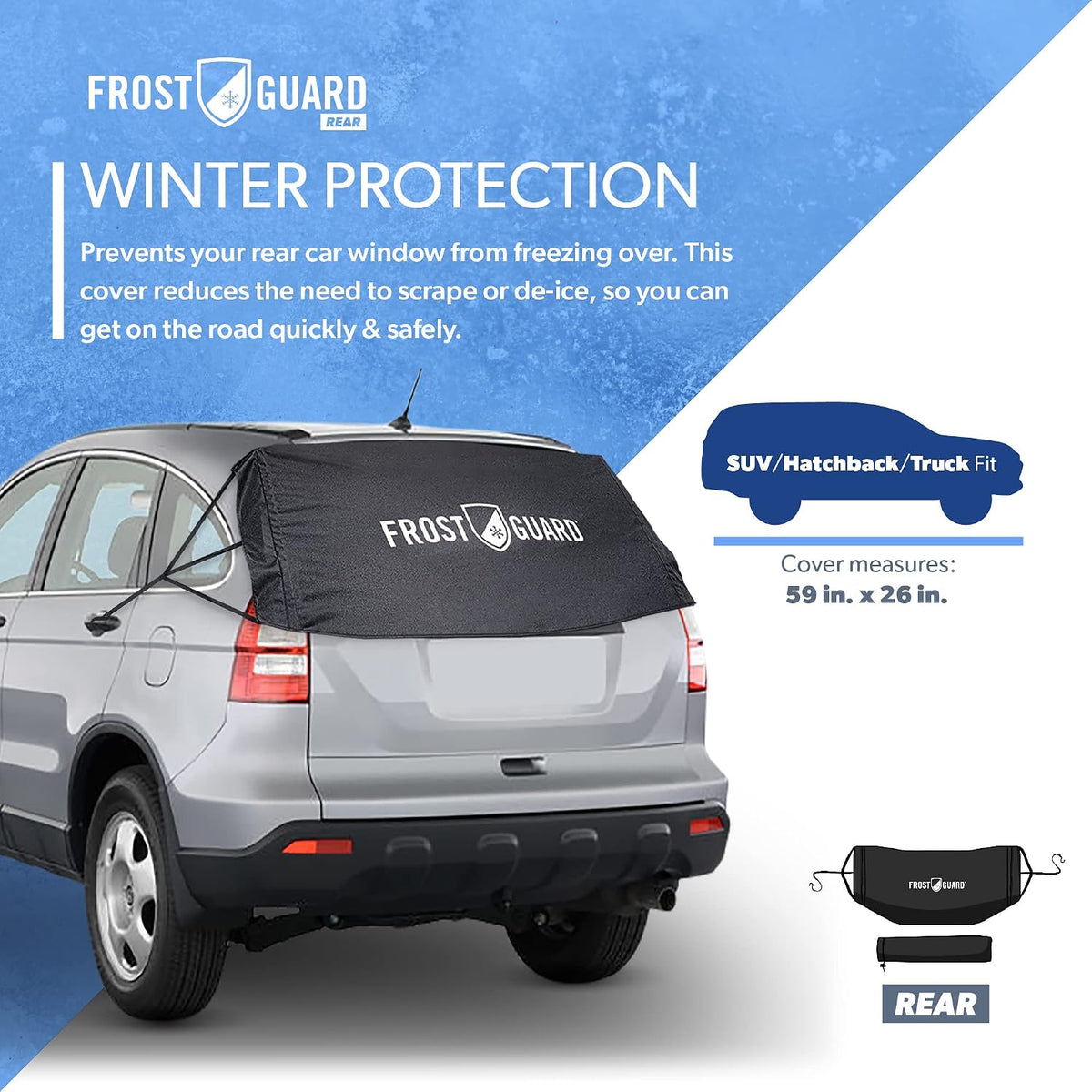 FrostGuard Rear Windshield Cover for Ice and Snow, For SUVs and Trucks - Rear Window Cover to Reduce Scraping, Elastic to Conform to Vehicle's Shape - Secure Hooks for Snug Fit - Black, 59 x 20 Inches