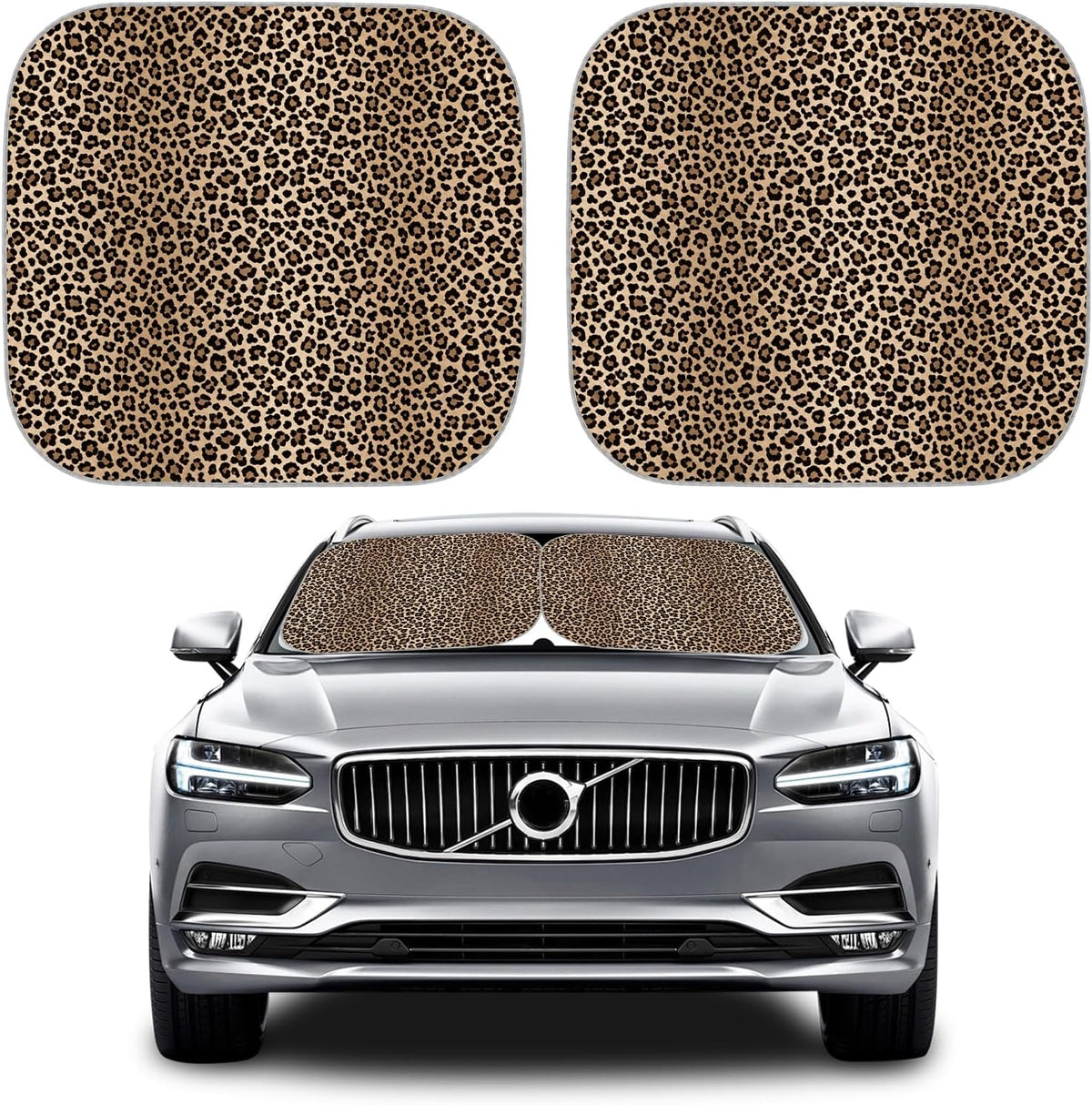 2 PCS Car Windshield Shade, Leopard Print Foldable Windshield Sunshade Sun Blocker Keeps Your Vehicle Cool, Vehicle Interior Front Windscreen Shades for Sun UV & Heat Protection (Dark Brown)