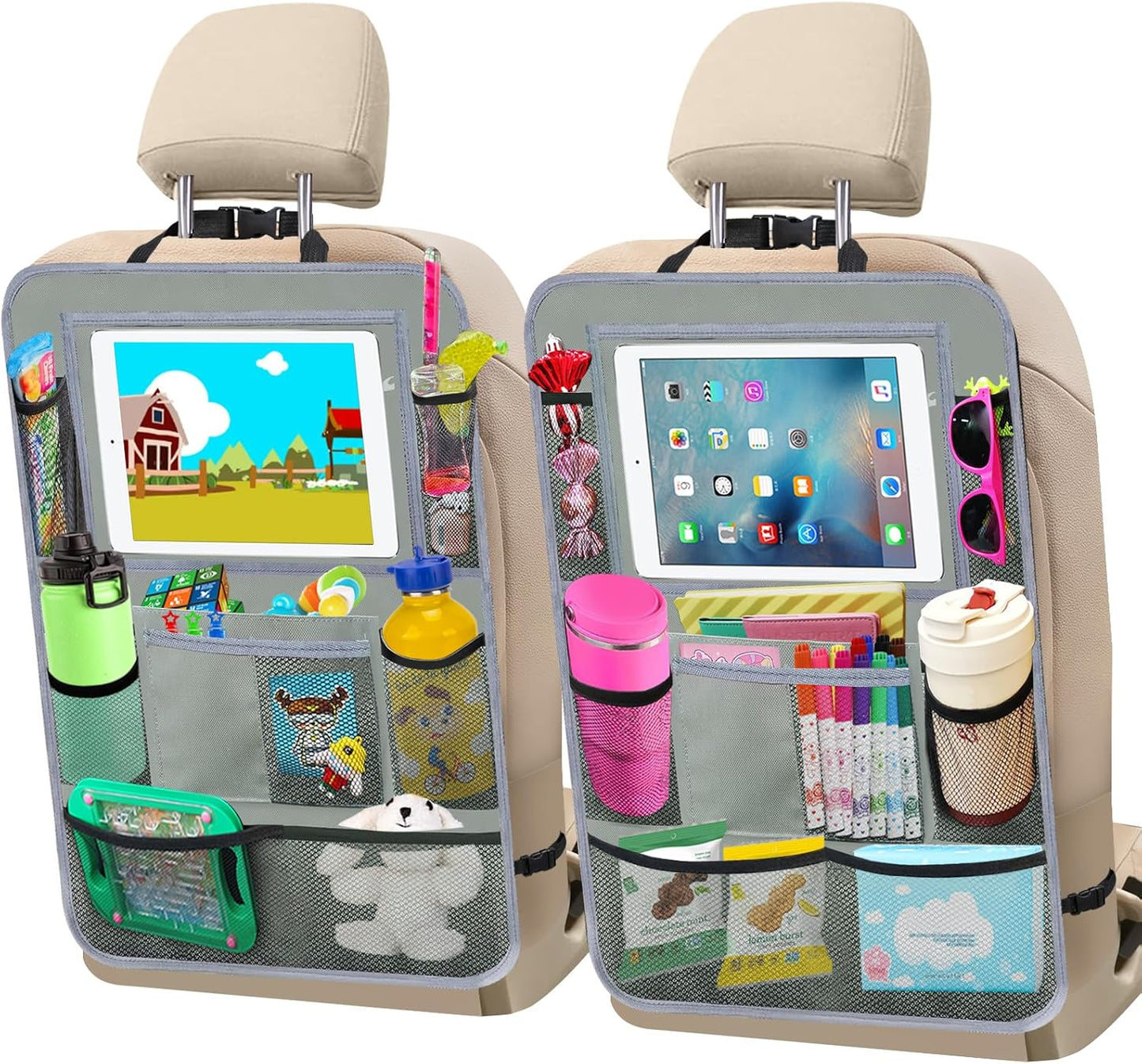 Car Backseat Organizer ，2 Pack Car Organizer Back Seat with 11" Tablet Holder, 10 Storage Pockets Seat Back Protectors Kick Mats for Kids Toddlers, Travel Accessories (Grey)