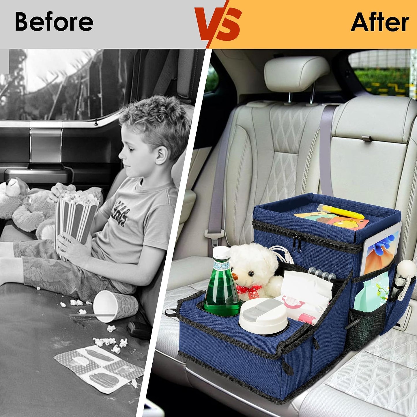 Backseat Organizer for Kids & Adults – Car Seat Cooler Warmer with 2-in-1 Writing Tray, Cup Holders & 11 Storage Compartments | Road Trip Car Organizer for Front & Back Seat (Black) (Navy Blue)