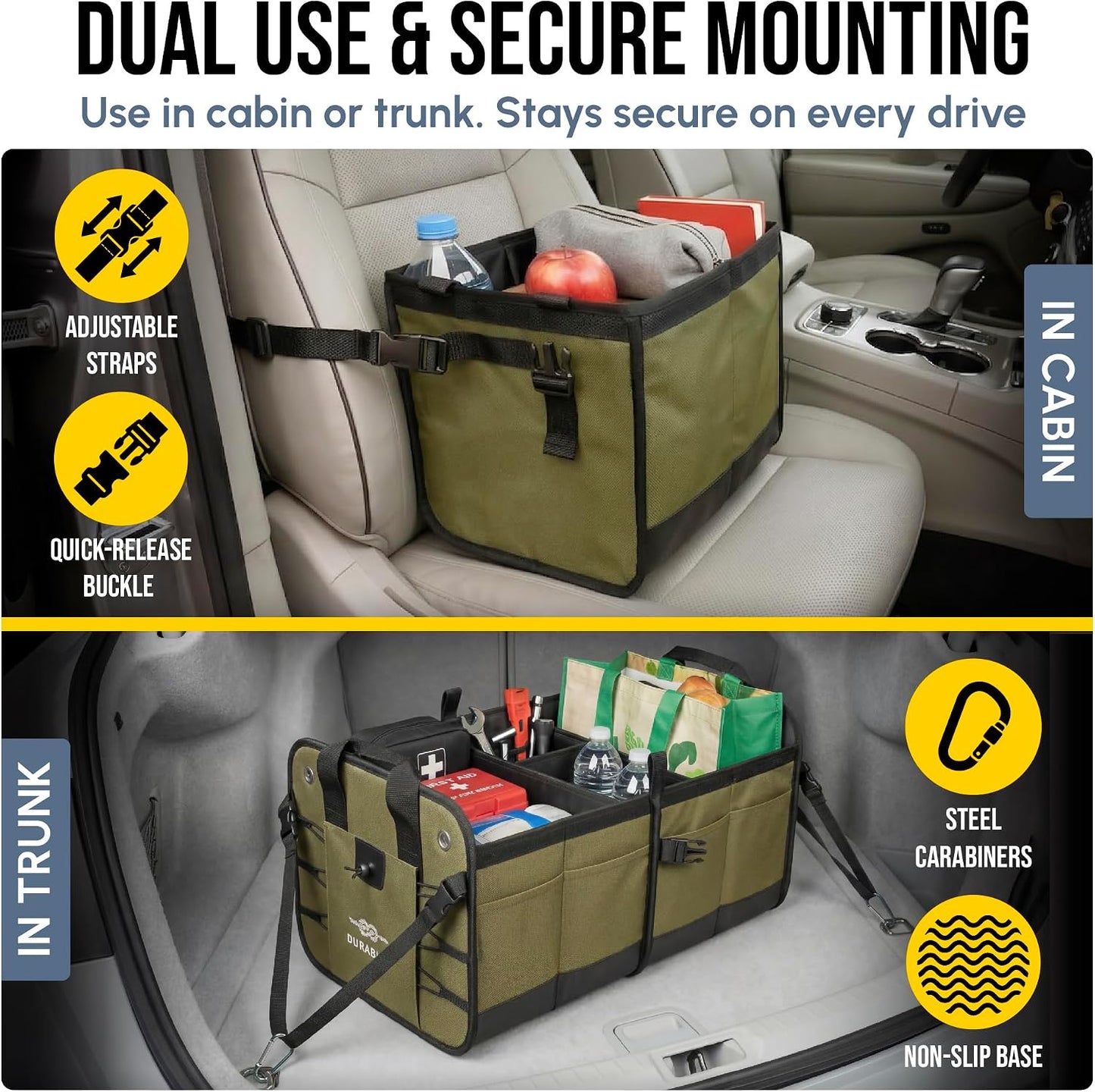 Heavy Duty 3-Section Trunk Organizer – Extra Large Collapsible &amp; Foldable Cargo Box, Modular Car Storage System for SUV, Truck, Van – Green