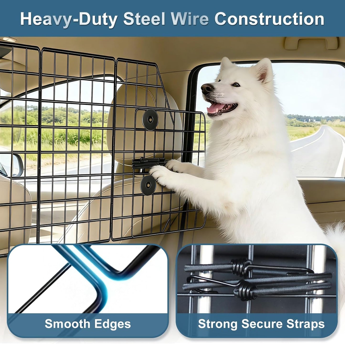 FEED GARDEN Dog Car Barrier for SUVs, Adjustable Universal-Fit Heavy-Duty Wire Mesh Pet Divider for Vehicles, Trucks, Vans, Car Accessories Safety Travel, Triple Folding (36.6"-60.6")