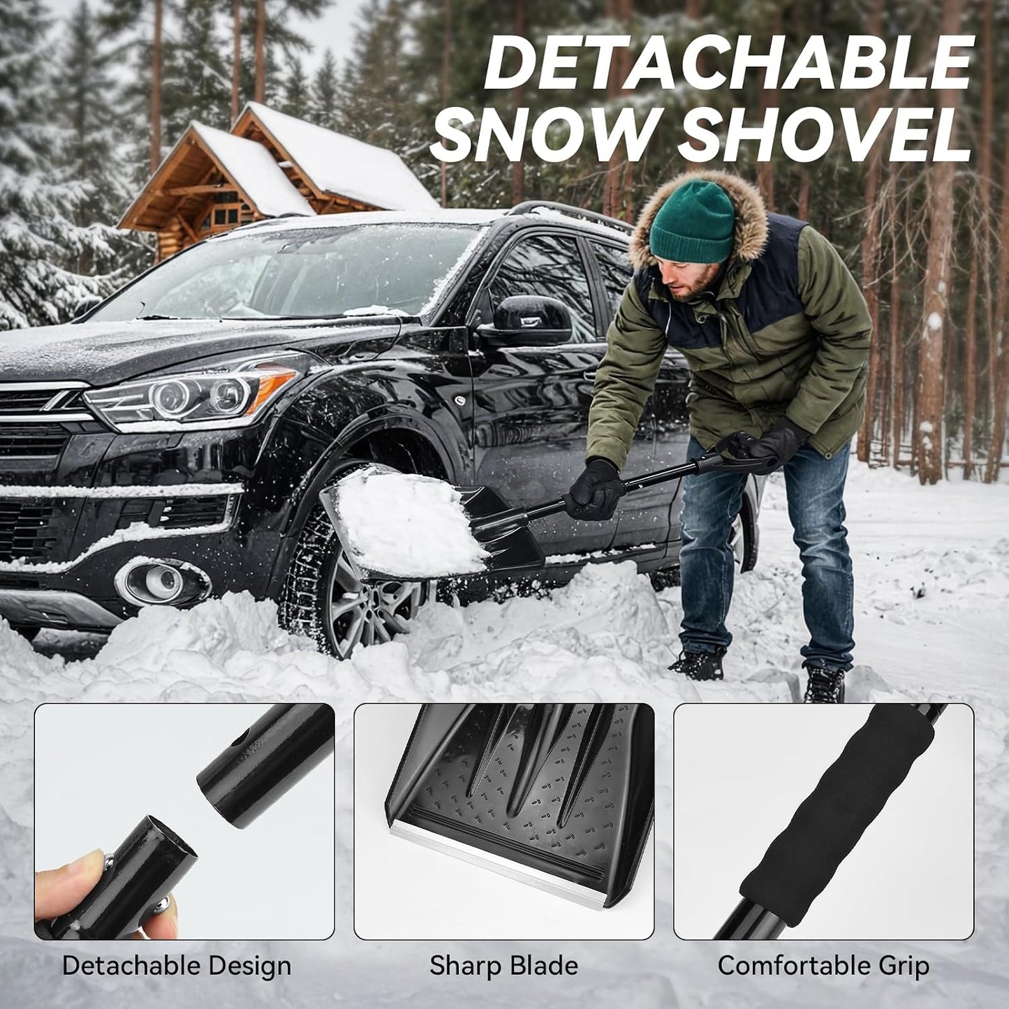 Car Emergency Safety Kit Bag with Digital Air Compressor,Jumper Cables,First Aid Kit, Winter Vehicle Roadside Safety Kit with Detachable Snow Shovel, for Women, Men, Teen