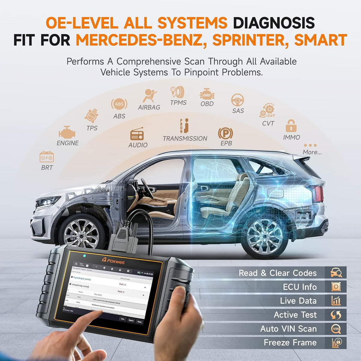 FOXWELL NT710 fit for Mercedes-Benz OBD2 Scanner, Full System Diagnostic Scan Tool, Bidirectional Control, All Free Resets Air Suspension/ABS Bleeding/Oil/SRS/EPB, Code Reader, Auto VIN, WiFi Update
