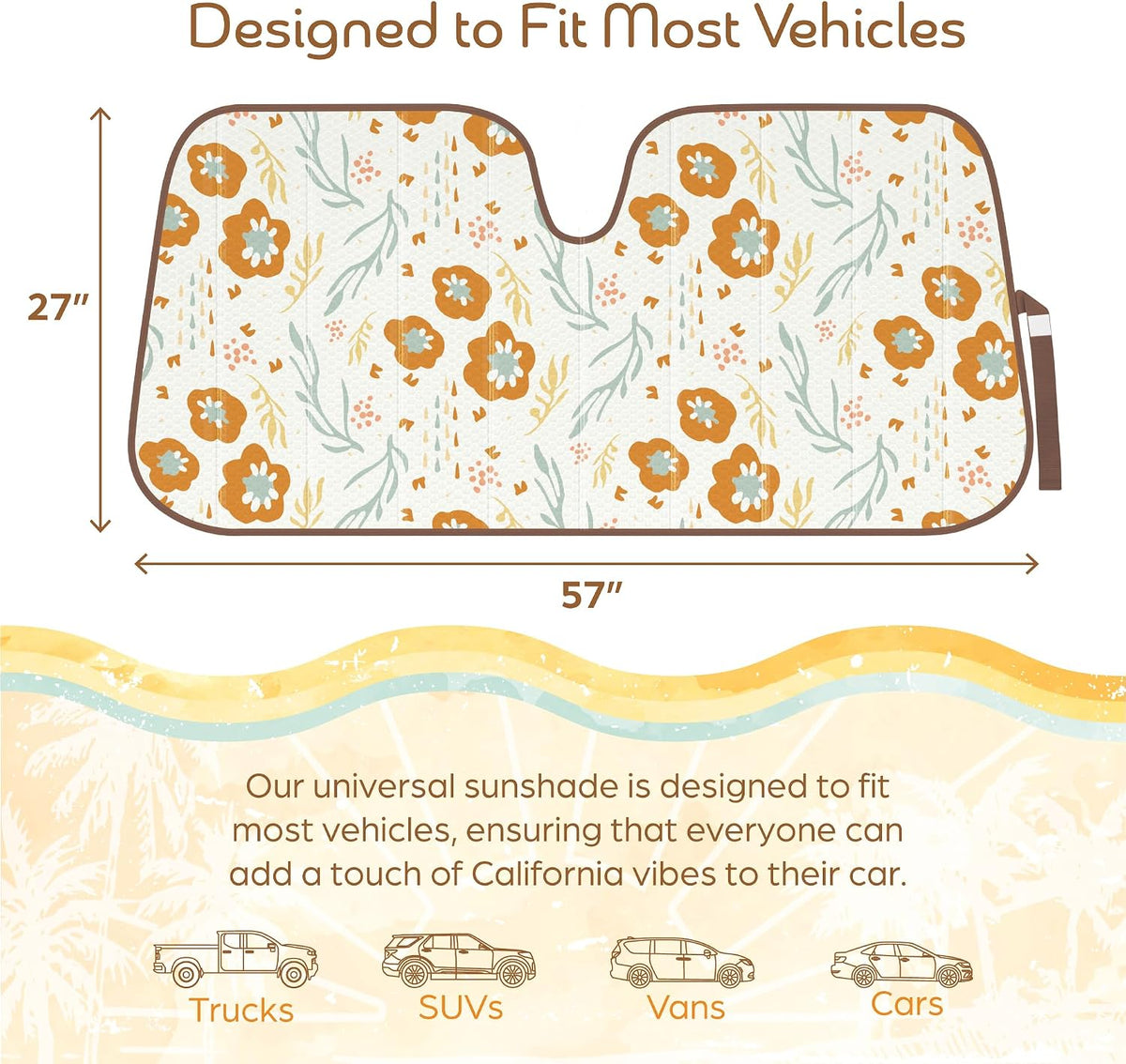 Carbella Orange Floral Car Windshield Sun Shade - Sun Visor Sunshade for Car Windshield - Window Shades for Cars, SUV & Truck - Dash Cover UV Protection for Front Window Shade Accessories - 57" x 27"