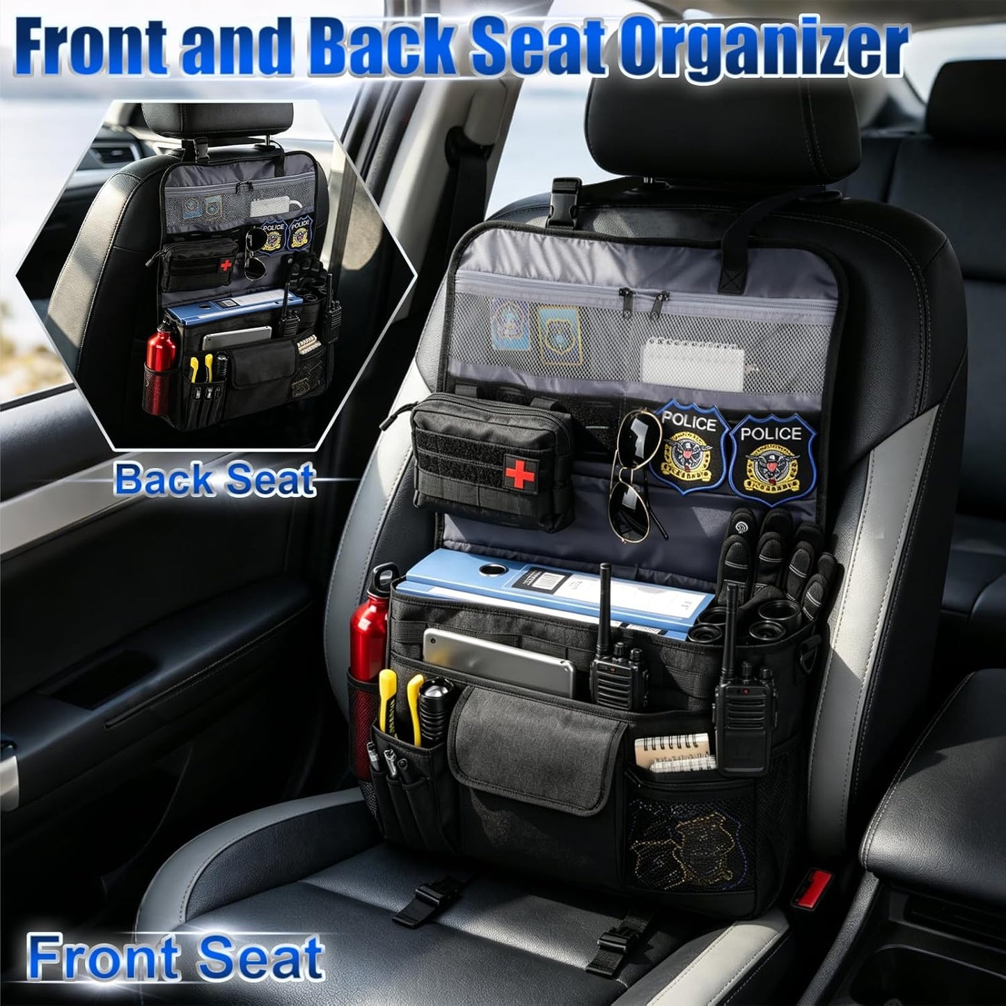 GDNasist Patrol Bag Law Enforcement, Car Front Seat Organizer, Police Duty Bag for Police Gear with 15.6" Laptop Storage, Molle Webbing, Multiple Compartment, Removable Straps, Black