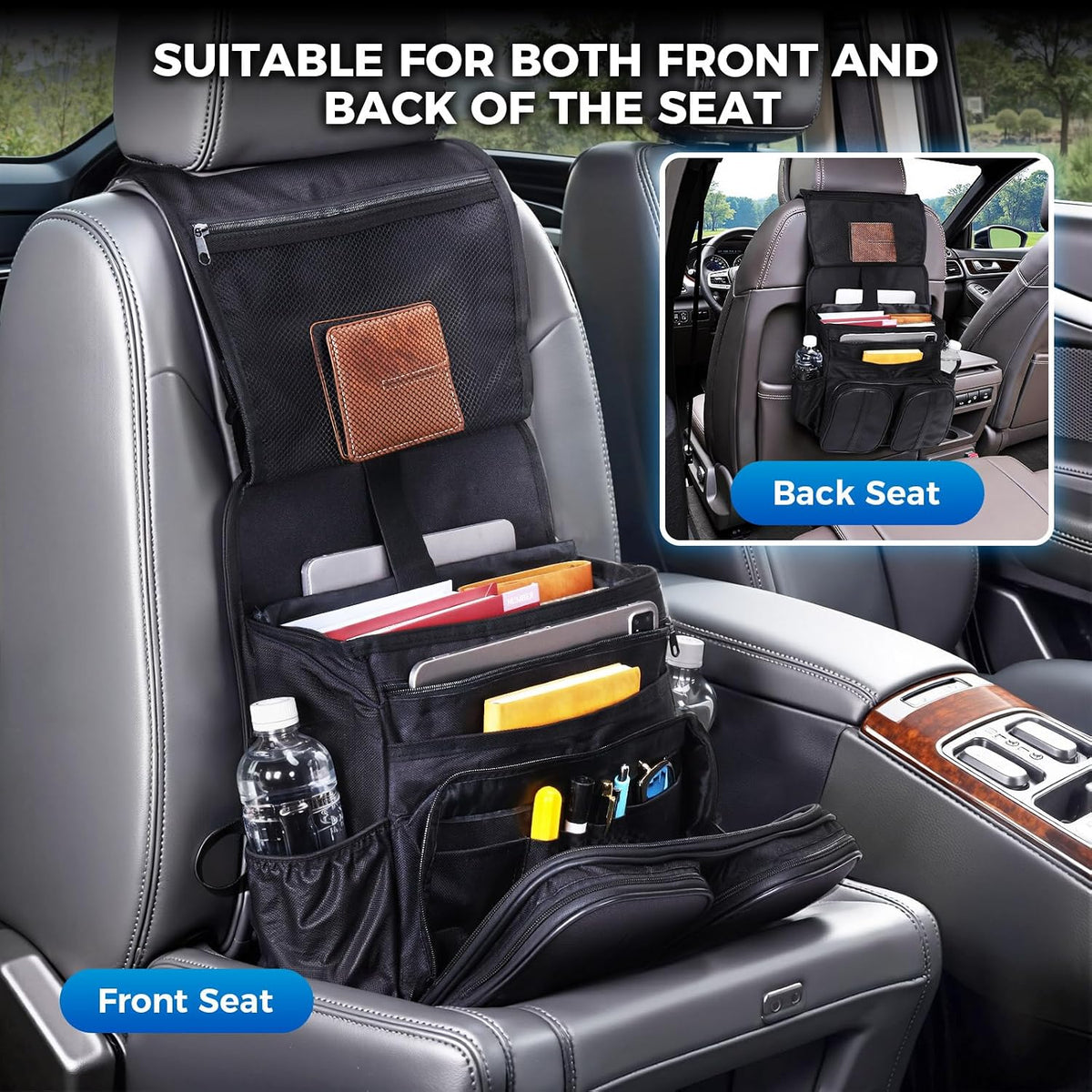 Tsumbay 2-in-1 Car Seat Organizer for Front Seat, Hanging Car Organizer with Laptop Compartment, Tablet Holder & Adjustable Shoulder Strap, Heavy-Duty Oxford Leather Office Organizer for SUV,Truck,Van