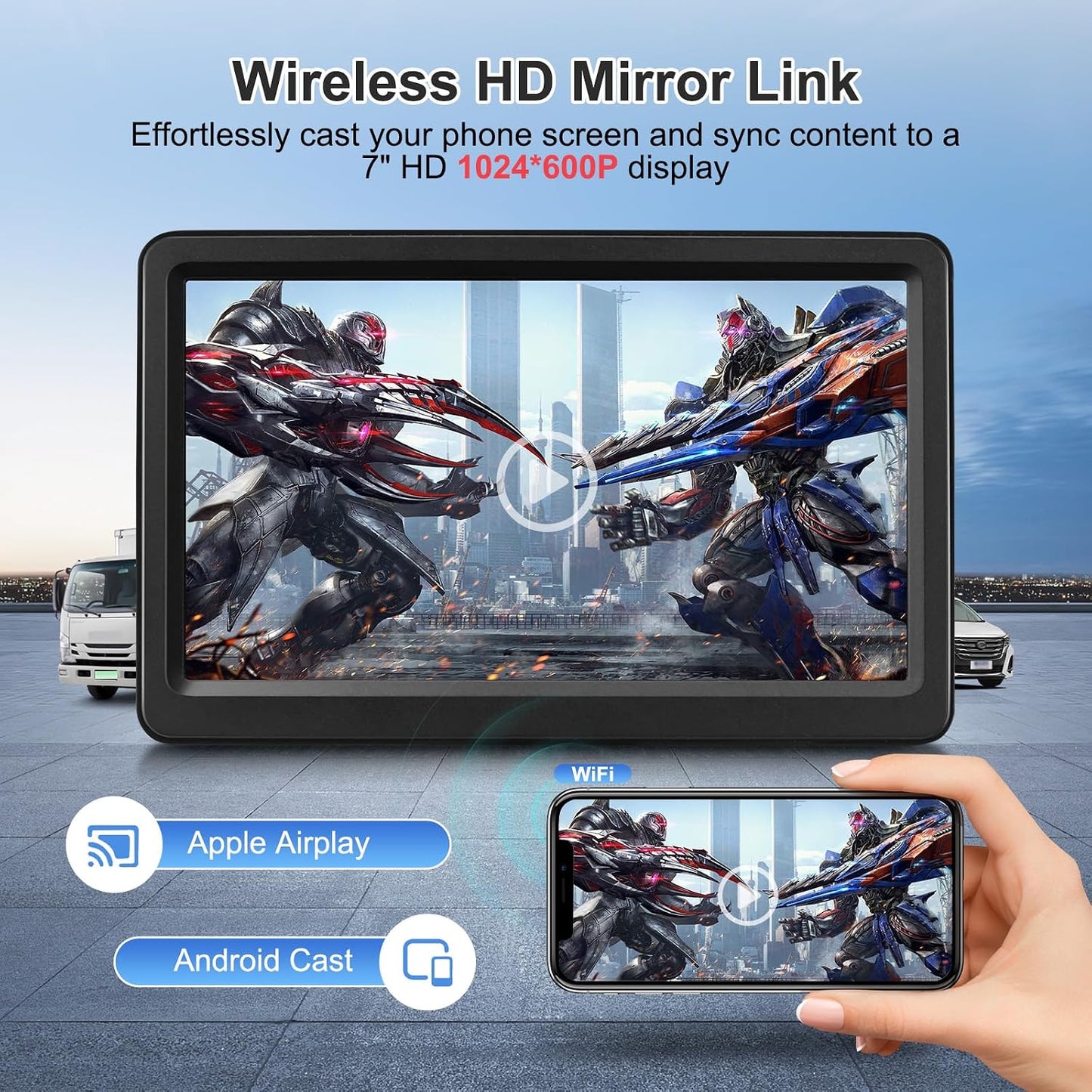 Carplay Screen for Car, 7" Wireless Carplay & Android Auto, Portable HD Touchscreen with Mirror Link, GPS Navigation, Voice Control, Hands-Free Calling, Bluetooth/AUX/FM, Plug & Play Car Play Screen
