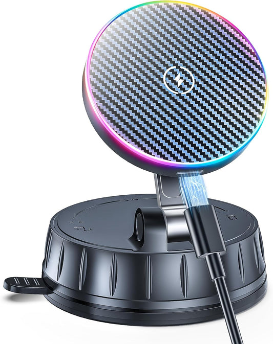 15W MagSafe Car Charger Mount, Magnetic Wireless Car Phone Holder with Dual Input Port, Vacuum Suction & Nano Adhesive Base, 360° Rotation Stable Car Charging Stand for iPhone 12-17, Samsung S26