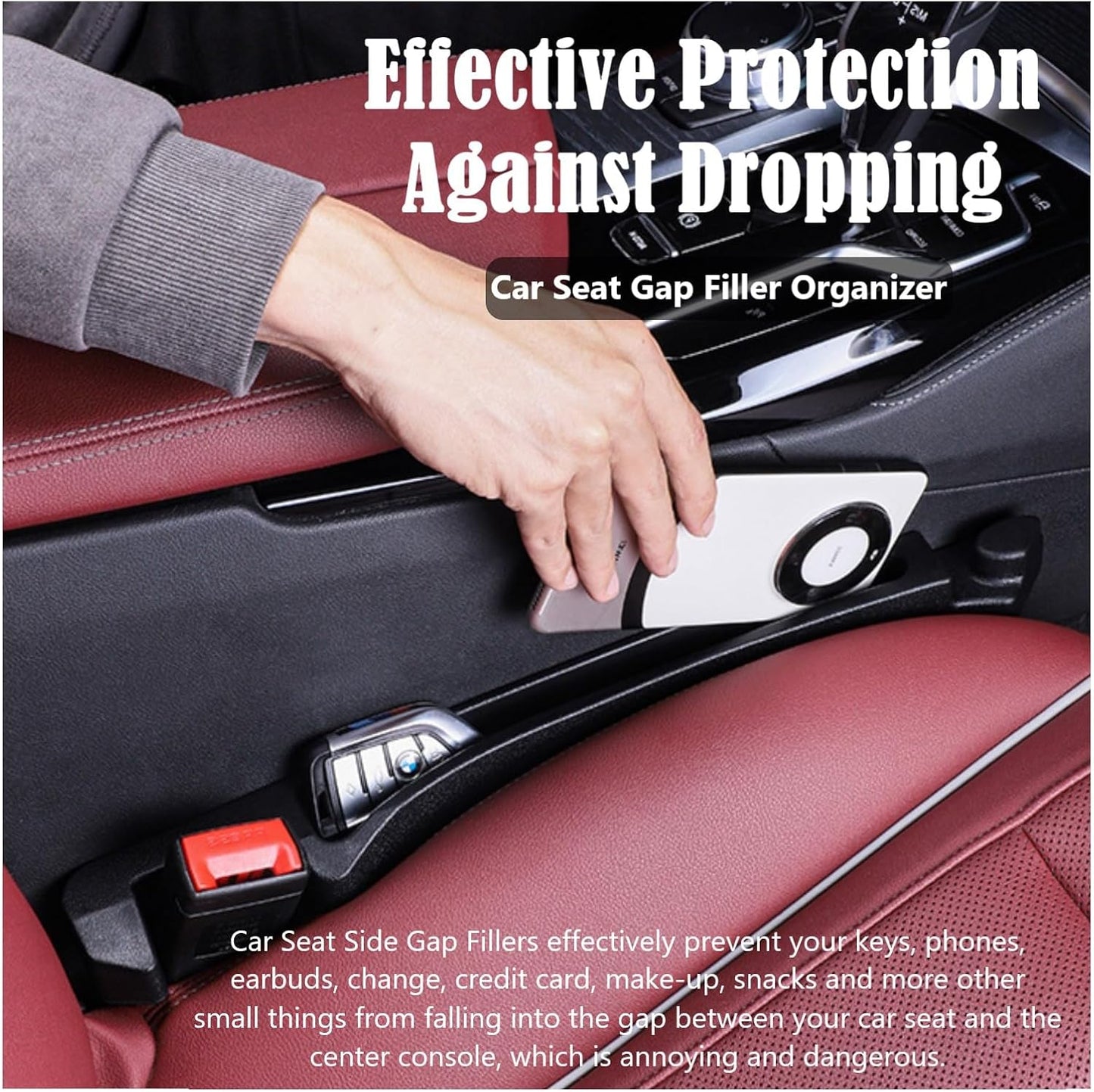 Car Seat Gap Filler Organizer 2 Pack, 3in1 Carseat Side Gap Plug with Filler, Organizer & Hook Functions, Gap Space Stopper Universal Fit Car SUV Truck Fill the Gap Between Seat & Console, Black