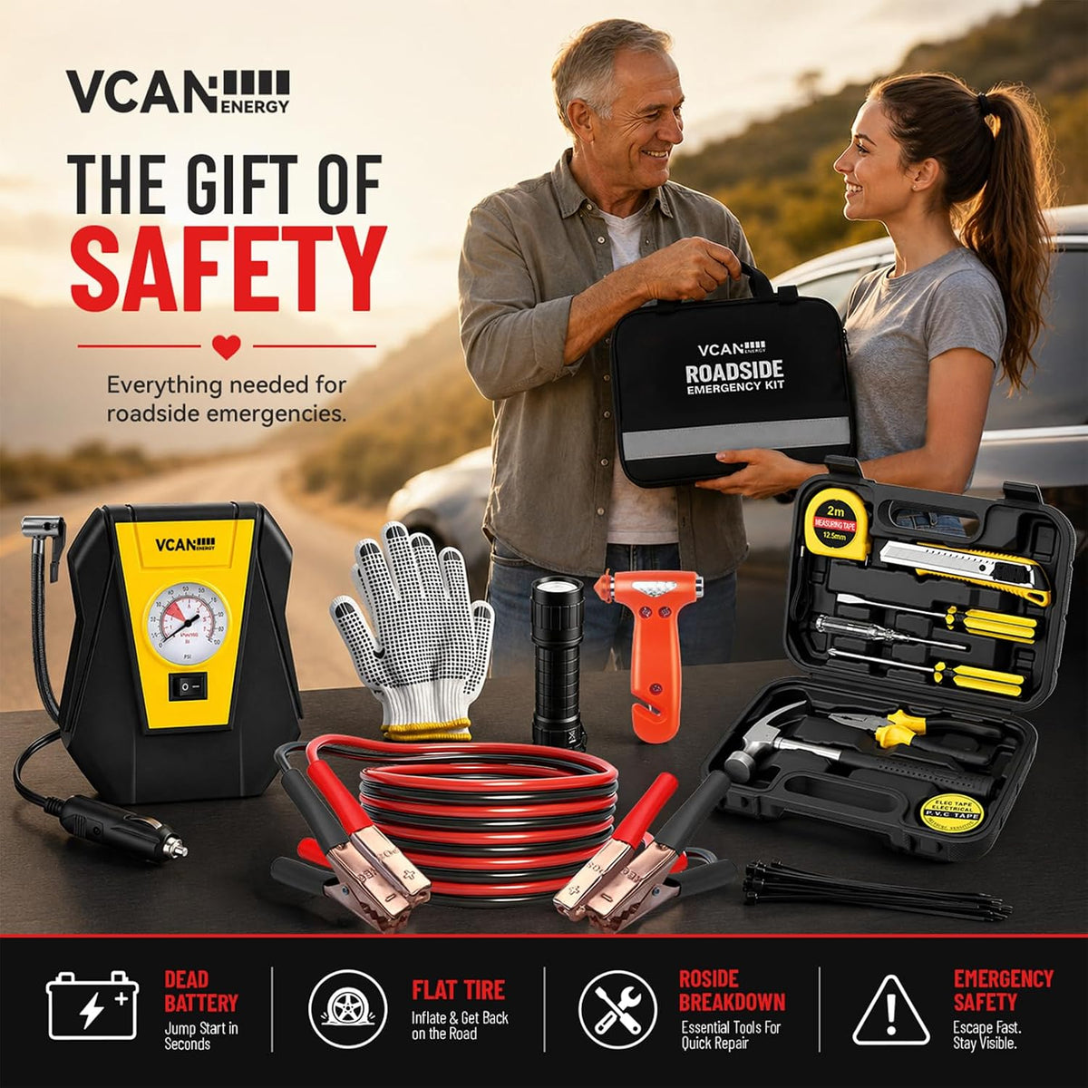 Car Emergency Safety Kit Bag with Portable Air Compressor for Vehicles