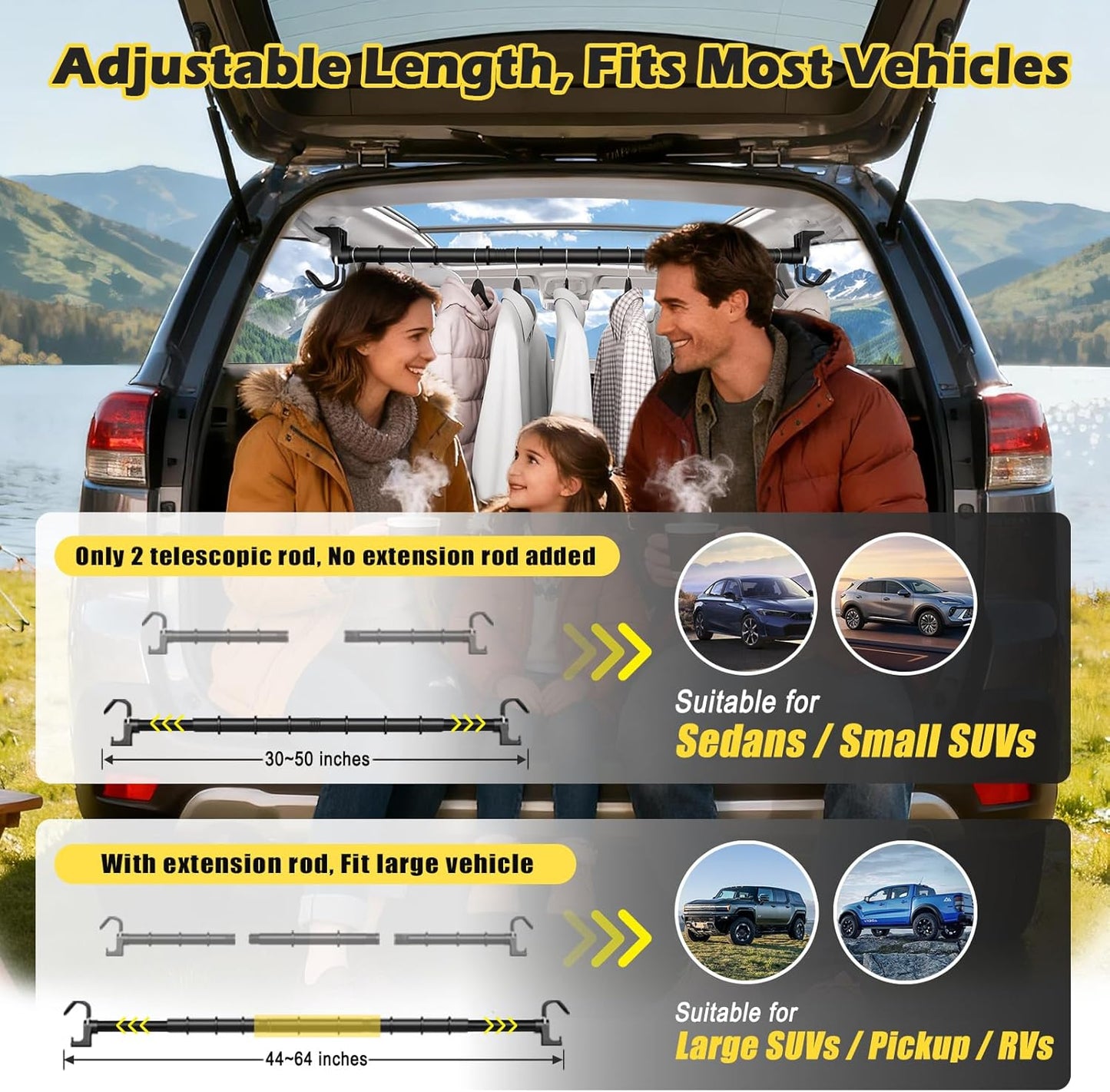 Car Clothes Hanger Bar 30-64 inches, Hold Up to 80lbs, 4Pcs Accessories | Adjustable; Strengthened Hooks, Silent, Non-Slip; Fit Most Vehicles; Perfect for car travel, business trips; Easy assembly