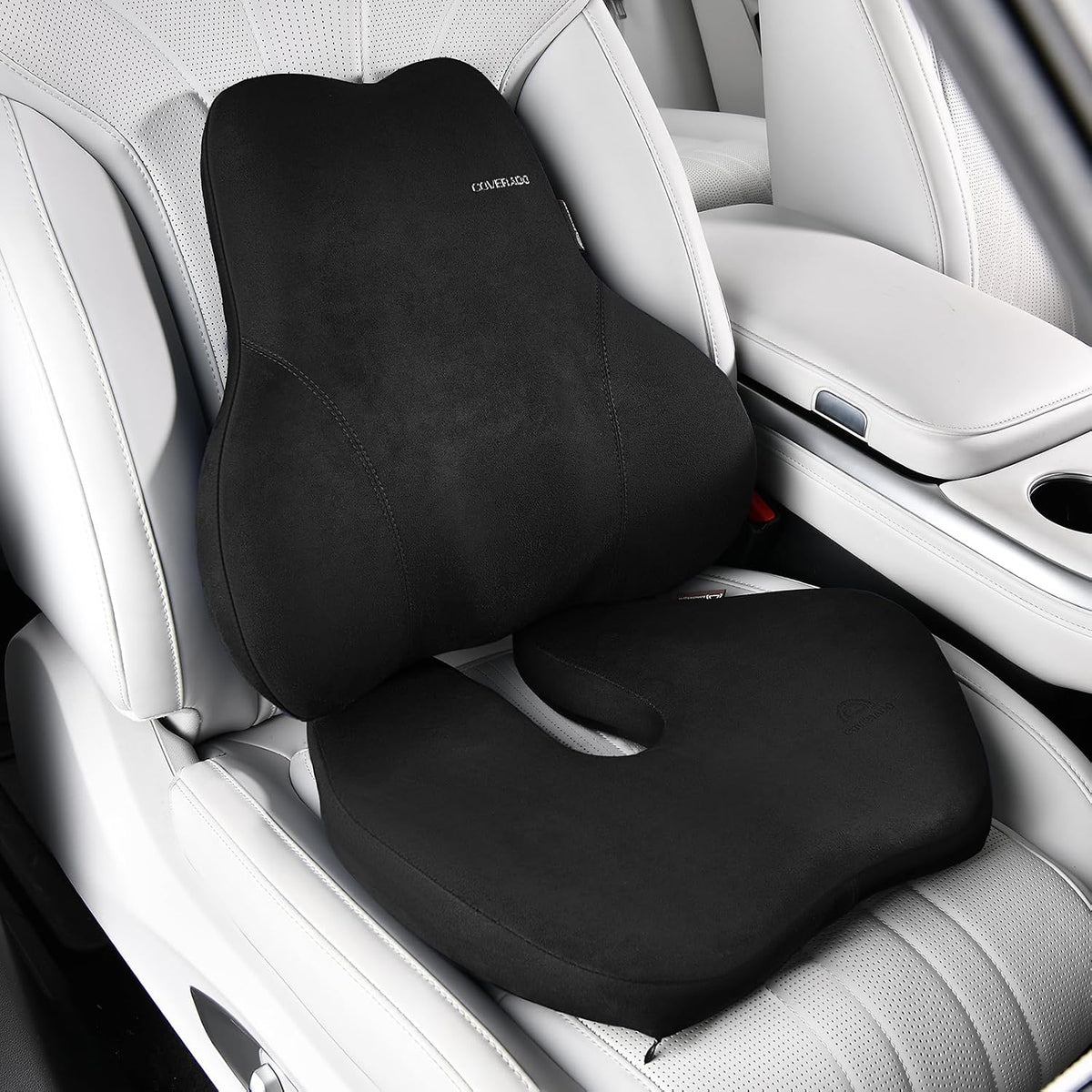 Coverado Memory Foam Car Seat Cushion and Lumbar Support Pillow for Car, Ergonomic Office Chair Cushion for Lower Back Pain Relief, Breathable & Non-Slip for Car, Home, and Office Use, Black