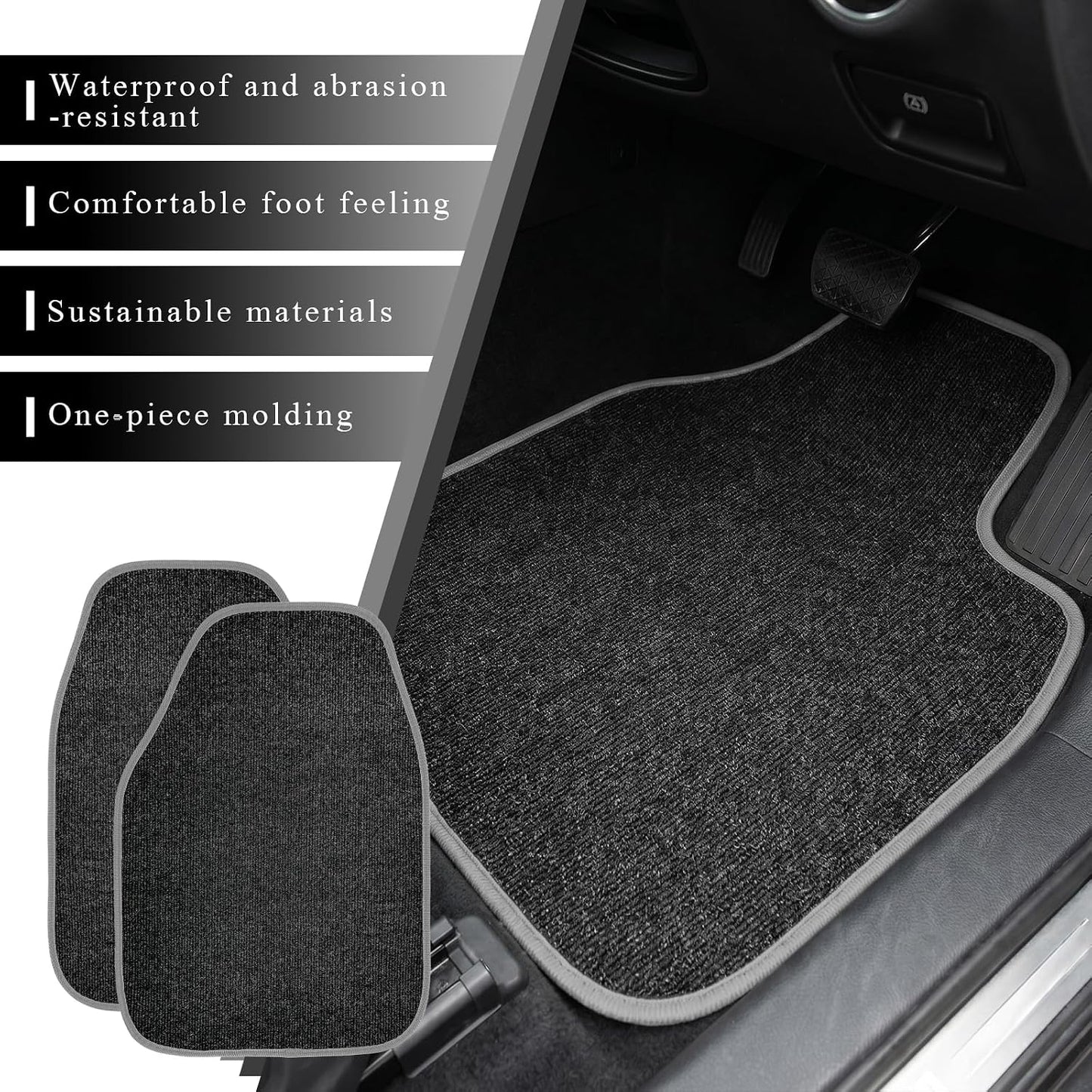 4PCS Car Floor Mats, Anti-Slip Waterproof Car Carpets with Safety Heel Pad, Heavy Duty Floor Mat for All Weather Protection, Universal Trim to Fit for Sedans Trucks SUVs (Black & Gray)