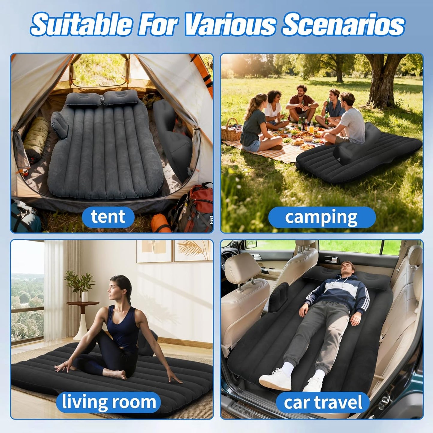 Onirii Inflatable Car Air Mattress Back Seat Bed with Air Pump | 55" (L)x 35" (W) Portable Thickened Car Travel Camping Sleeping Air Mattress Blow Up Bed for Mid-Size,Full-Size Car SUV