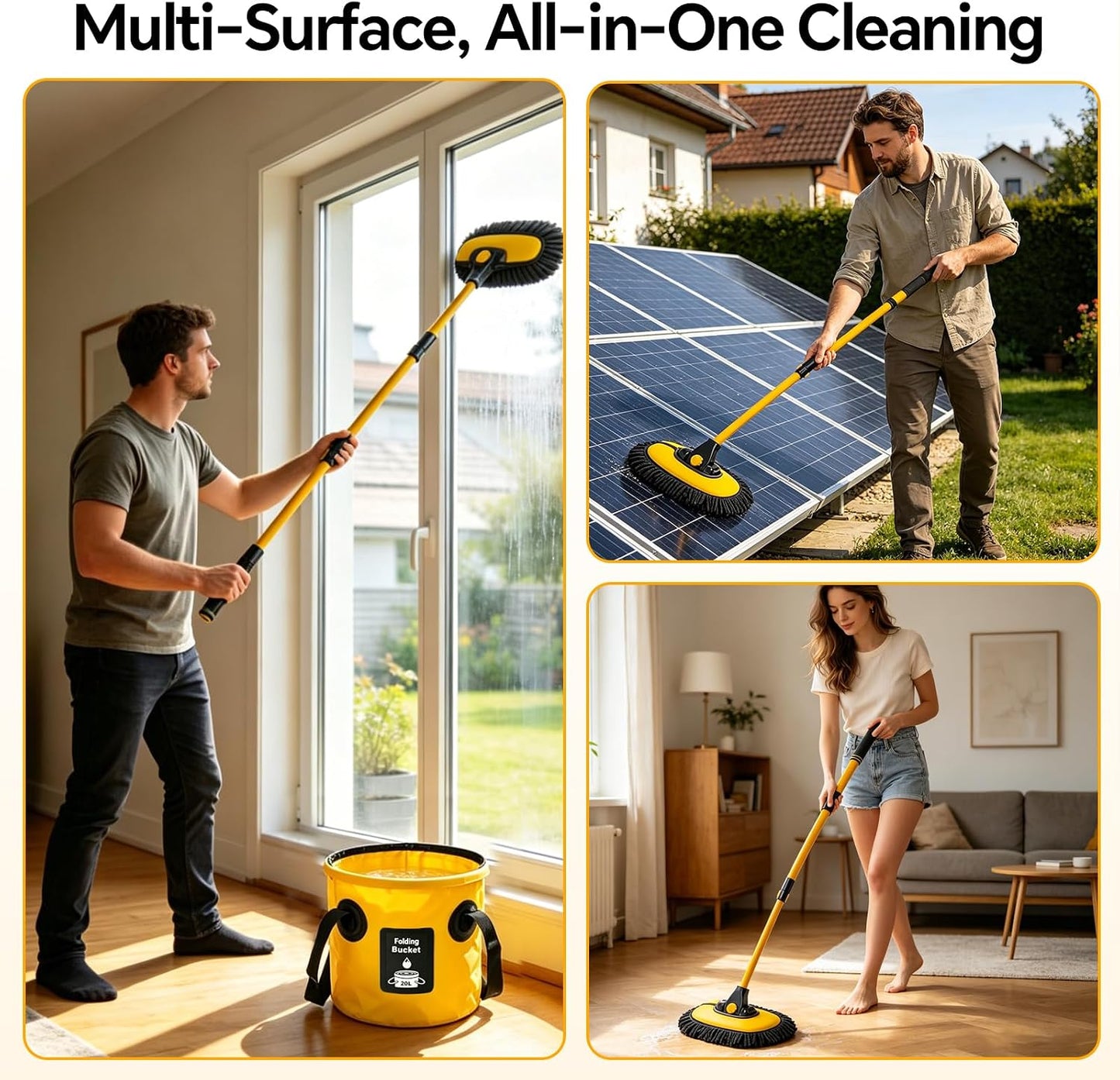 7-in-1 Car Wash Kit with 20L Folding Bucket & Brush – Car Wash Mop with Long Handle, 15° Curved Aluminum Pole for SUV Roof, Car Washing Brushes & Cleaning Supplies, RVs-Yellow.