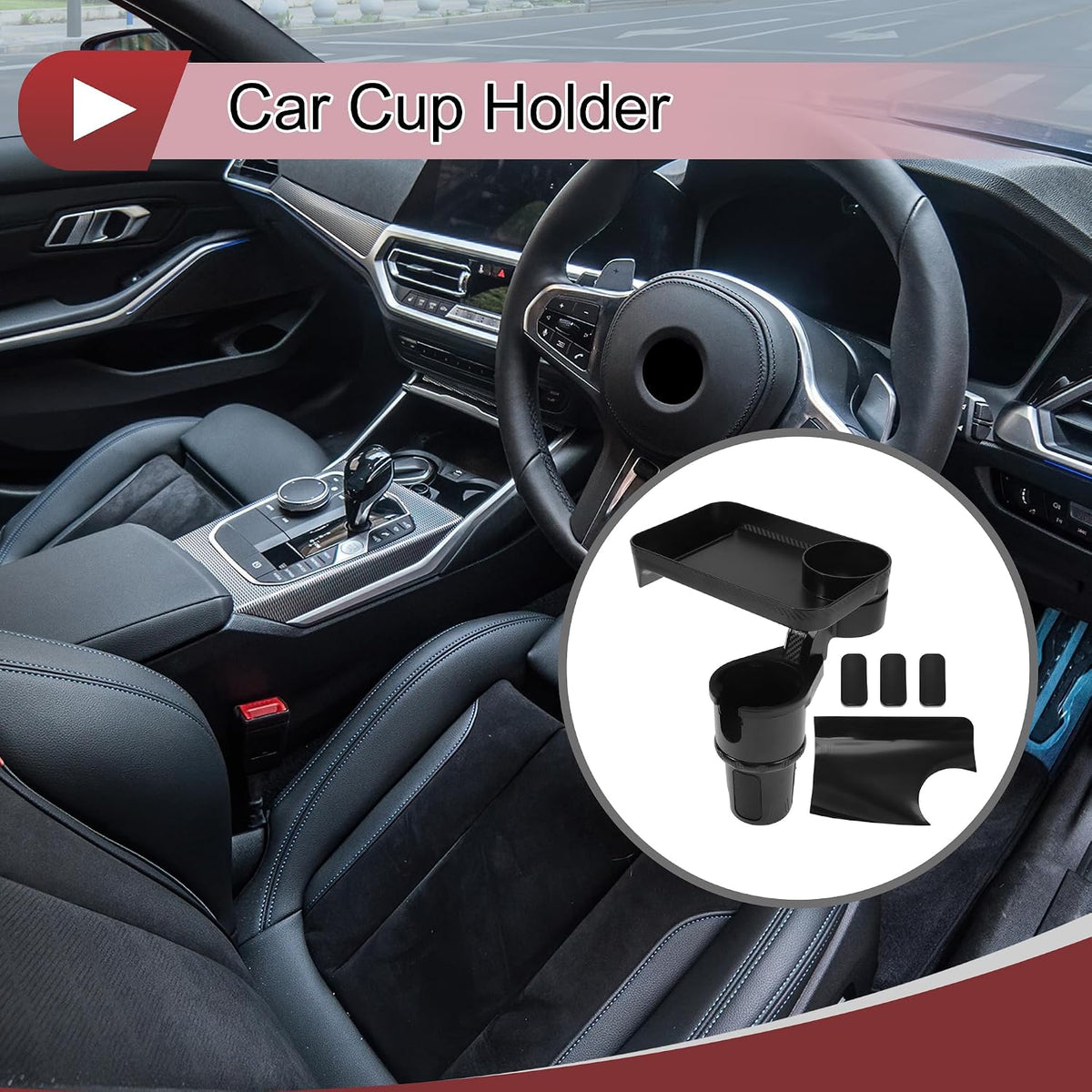 1 Pcs for Most Vehicles Car Cup Holder Expander with Attachable Tray 360° Rotating Additional Cup Holder Extender 138x74x60mm Matte Black ABS
