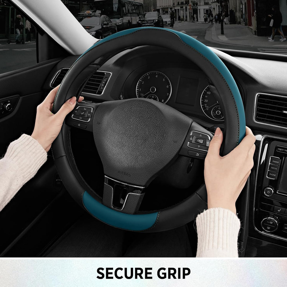 Road Comforts Steering Wheel Cover, Breathable Anti-Slip Leather Steering Wheel Cover, Universal Fit 14.5–15 Inch, Comfortable Grip - Blue Color