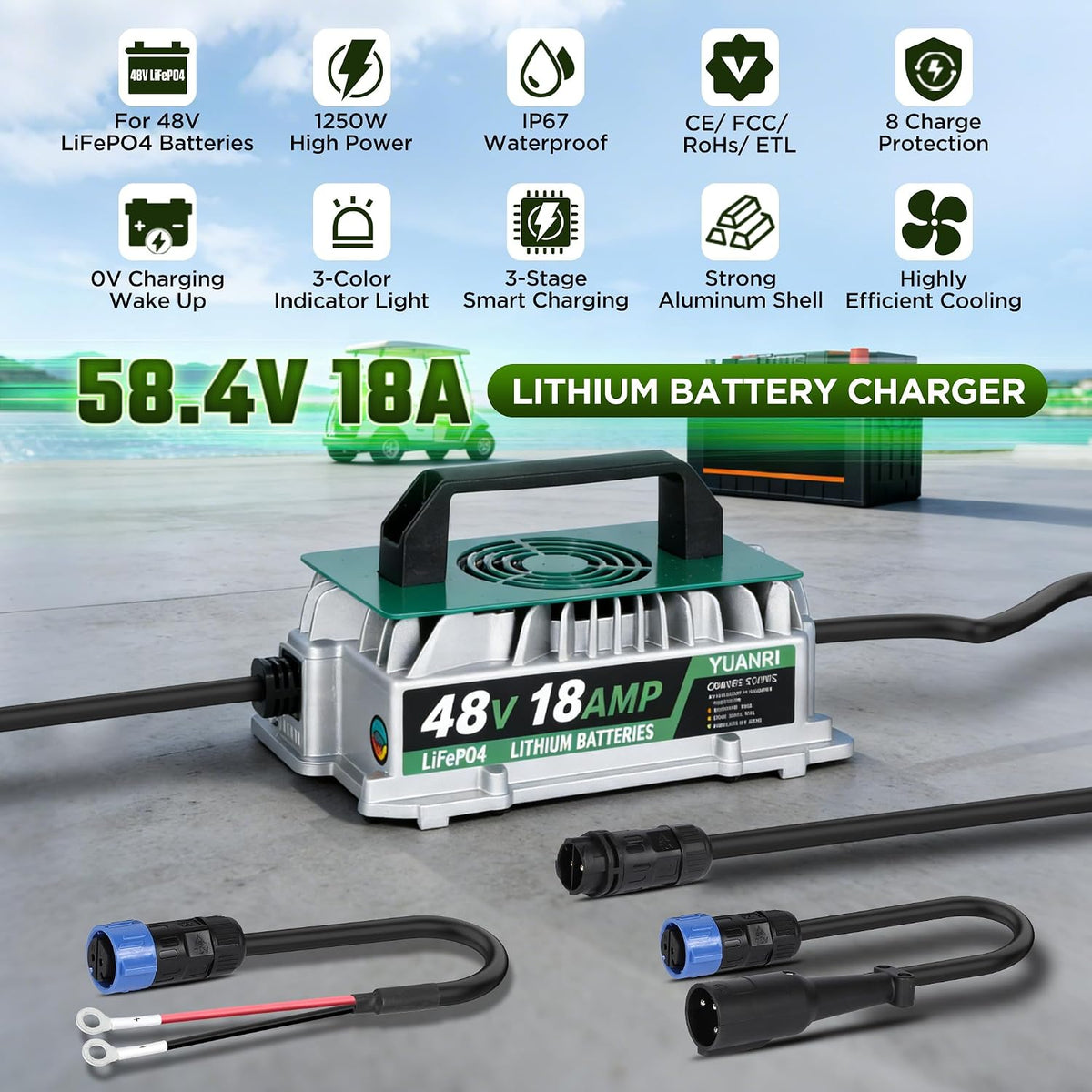 48 Volt LiFePO4 Battery Charger 18A 58.4V Lithium Battery Charger, IP67 Waterproof, 0V Wake Up, Smart 18 AMP LiFePO4 Charger for 58.4V(51.2V) LiFePO4 Batteries for Club Car/Solar/RVs/Golf Cart