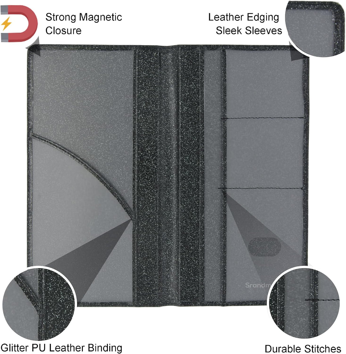 Leather Car Registration and Insurance Holder Magnetic Shut, Glitter Black