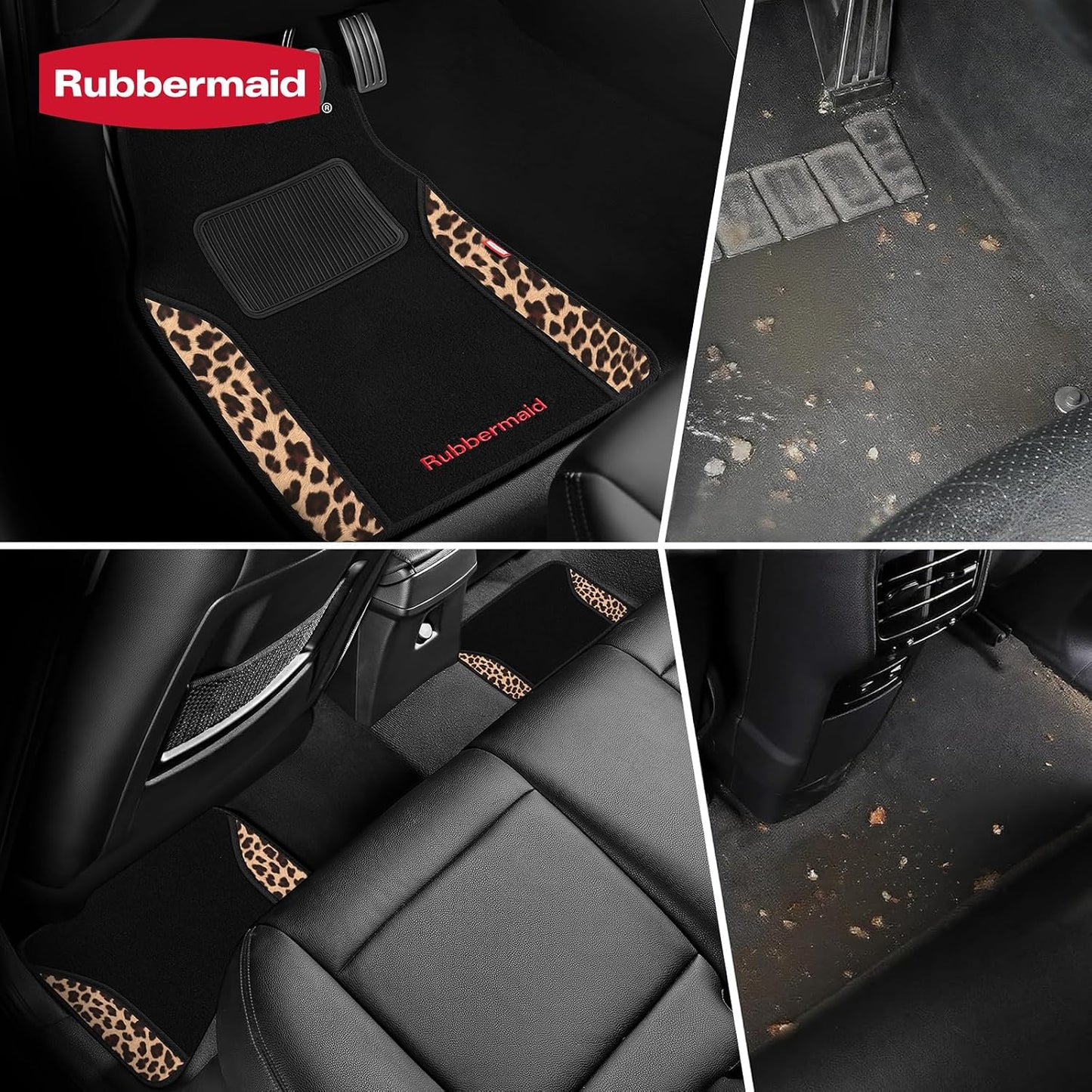 Rubbermaid Car Mats, Carpeted Floor Car Mat with Faux Leather & Built-in Heel Pad, Two-Tone Car Rug Floor Mats, Stylish Carpeted Floor Mats for Cars, Trucks & SUVs Leopard Patten Design