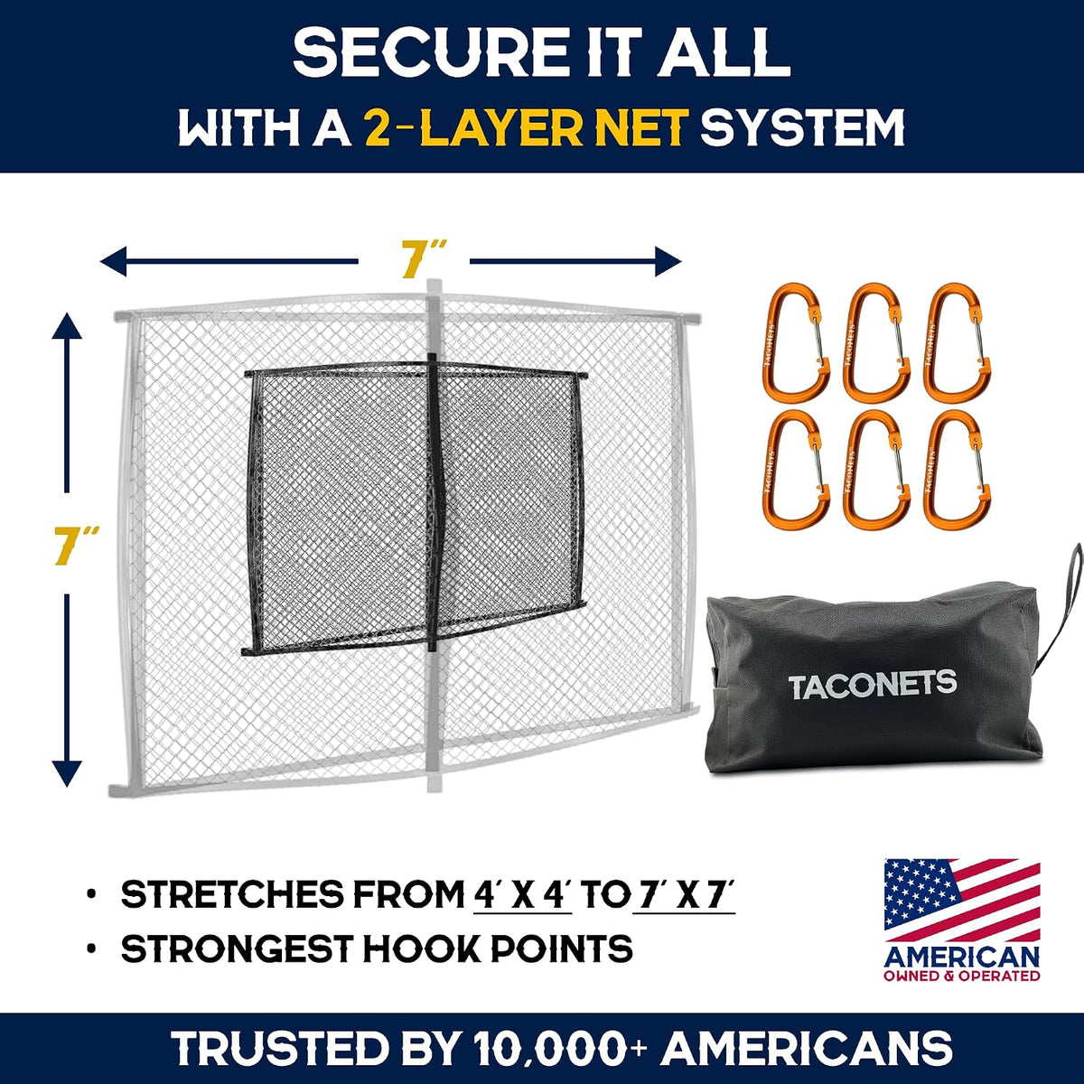 TacoNets Upgraded Highly Elastic Cargo Net, USA Company, Simple Truck Bed Cargo Mesh Organizer, Suitable for Light Loads, Heavy Duty Carabiners, 4'x4' Double Layer