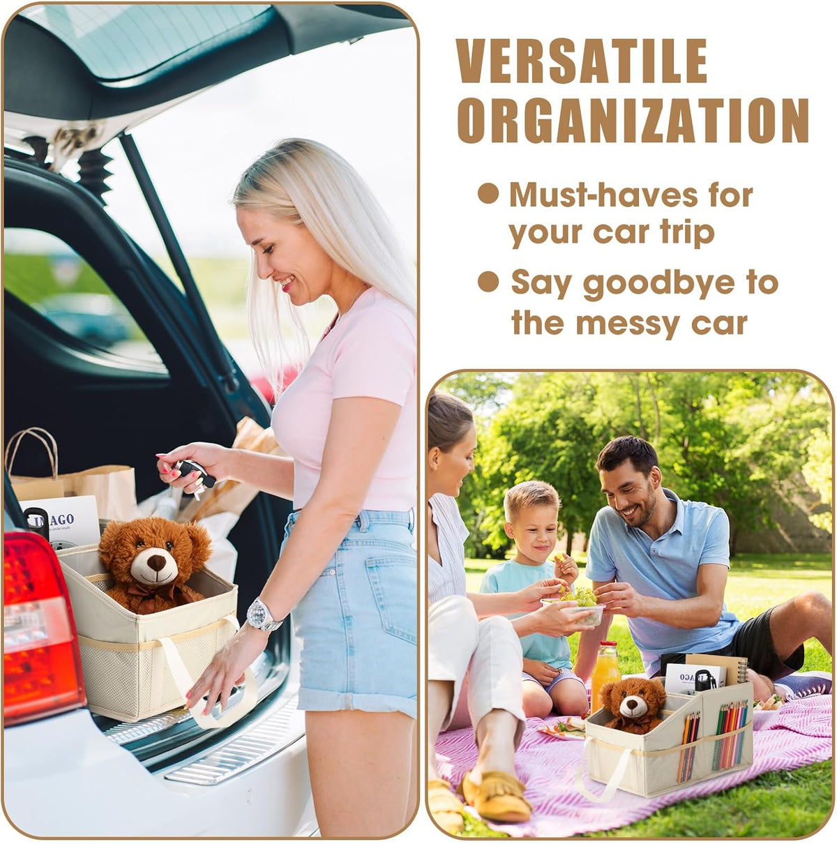 Honeydak Passenger Seat Organizer, Collapsible Car Storage for Console Front/back Seat with Multi-pockets Car Caddy Organizer Suv Truck for Kids Adults Accessories(Beige,2 Compartments)