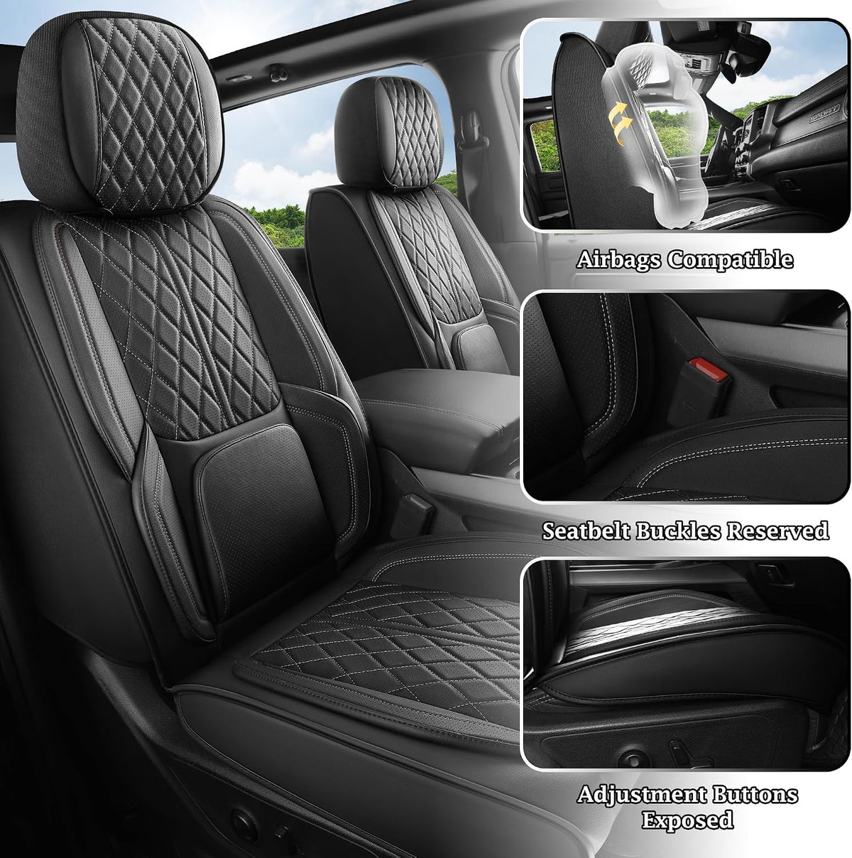 Car Seat Cover Custom Fit for Dodge Ram 1500 2500 3500 2002-2026 Faux Leather Seat Cover Set Compatible with Crew Quad Regular Cab Pickup Truck Cushions (Black, Front Seat)
