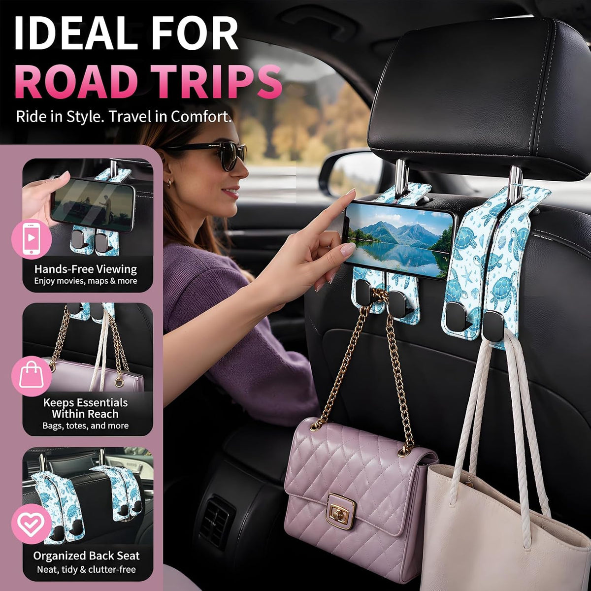 Car Seat Back Storage Hook, Funny Car Purse Hook, Cute Vehicle Storage Organizer for Purses Handbags Blue Sea Turtle