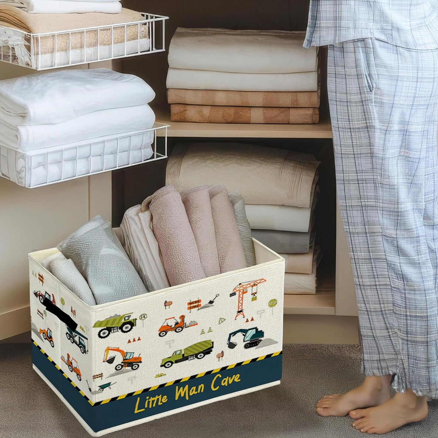 Truck Car Nursery Storage Bins & Boxes with Handles, Kids Room Foldable Basket for Organizing, Little Man Cave Vehicle Collapsible Storage Basket for Boys Bedroom Bathroom Clothes Toys Books