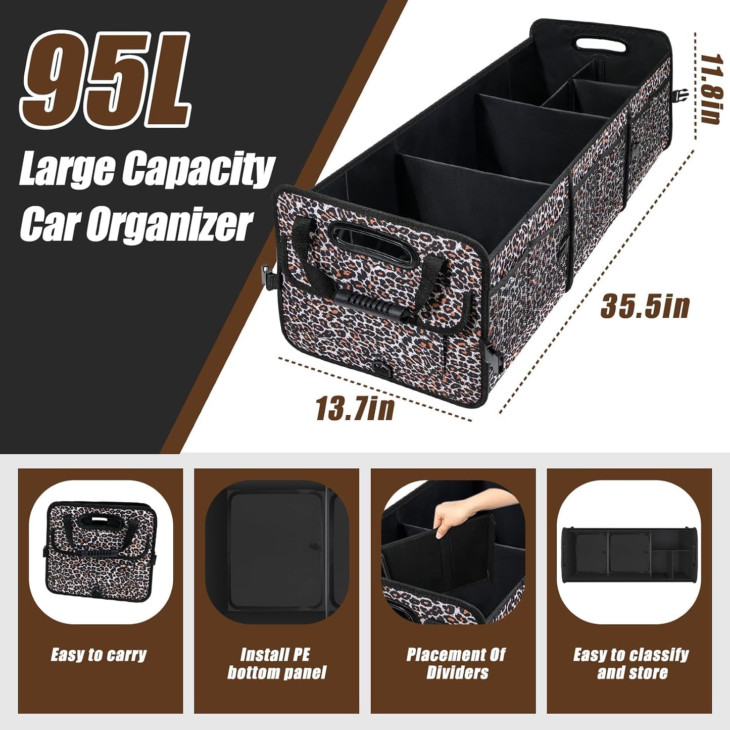 AOPHY Leopard Print Trunk Organizer - 95L Large Capacity, Non-Slip Bottom, Waterproof, Portable Car Storage for SUV, Truck, Sedan