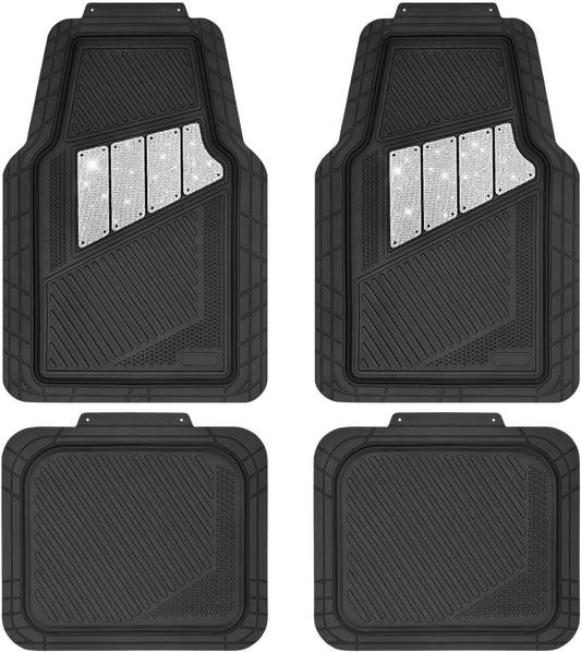 CAR PASS Heavy Duty Rubber Floor Mats 4-Piece Bling Car Mats Full Set - Universal Waterproof Floor Mats for SUV Truck, Durable All Weather Car Mats, Automotive Mats for Women Glitter Silver