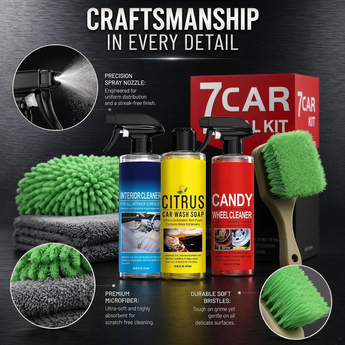 Complete Car Cleaning Kit - Interior Cleaner, Citrus Car Wash Soap, Wheel Cleaner with Chenille Glove, Wheel Brush & Microfiber Towel | for Cars, Trucks, RVs & SUVs
