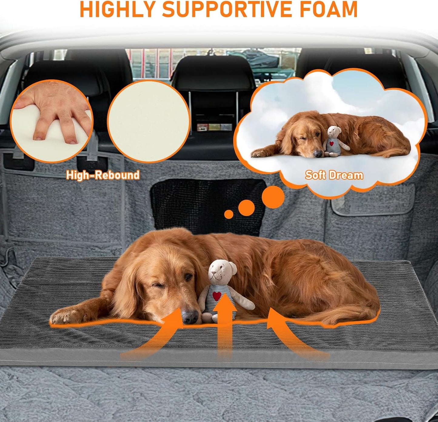 Backseat Dog Bed Mat, 2in Waterproof Dog Bed for Car, 23.5x51in | Fits Sedan & Compact Suv, 2-Inch High-Resilience Foam, Removable Cover, Machine Wash, Suitable for Travel, Camp, Home, Grey