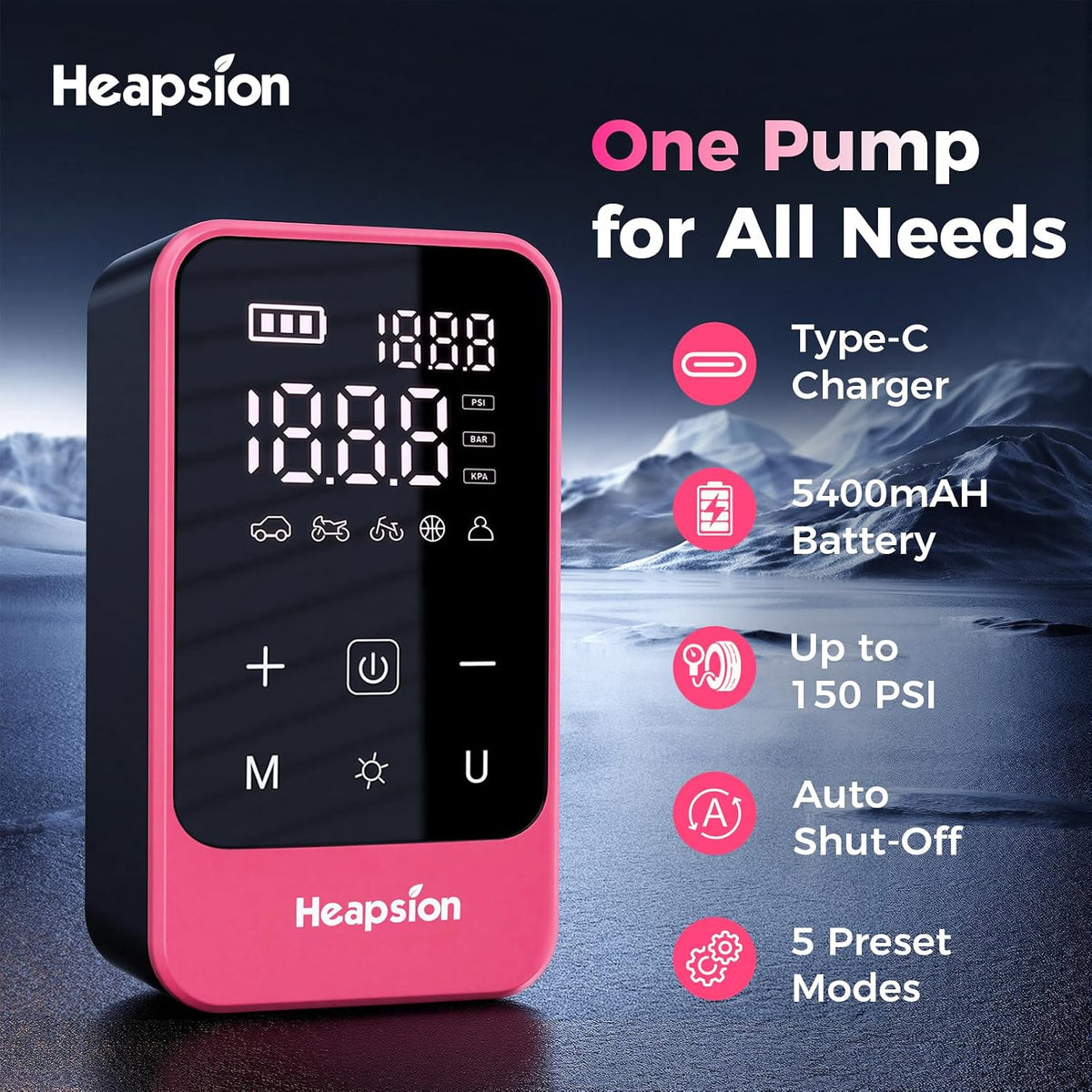 Heapsion Tire Inflator Portable Air Compressor, Air Pump for Car Tires with Digital Pressure Gauge, Auto Shut-Off and LED Light, 150 PSI Cordless Pump for Car, Motorcycle, Bicycle, Ball, Pink