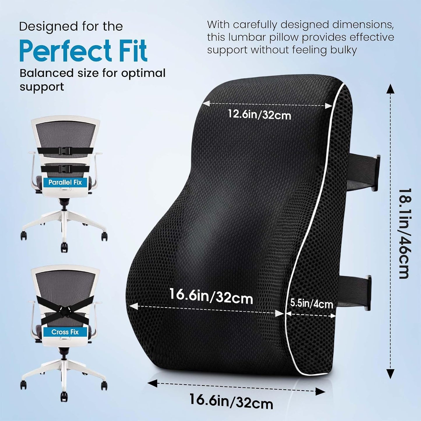 Lumbar Support Pillow for Office Chair and Car - Memory Foam Back Cushion with Breathable Mesh Cover & Dual Adjustable Straps for Back Pain Relief & Long Sitting - Full Back Support for Office Chair