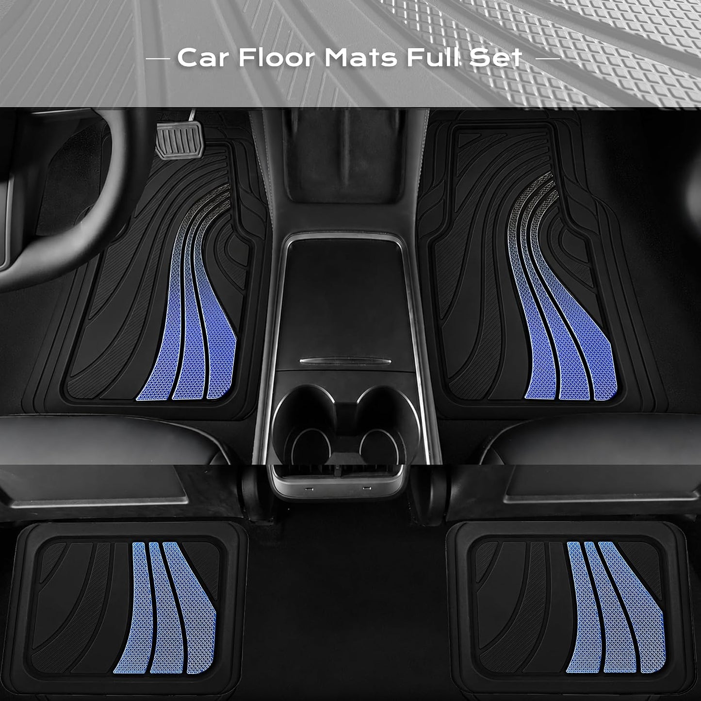 Road Comforts Car Floor Mats Full Set – Front & Rear Car Floor Mats with Aluminum Design, Anti-Slip Backing, All-Weather Protection, Trim-to-Fit Car Mats for Most Sedans, SUVs & Vans - - Blue